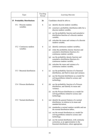 Teaching
            Topic                                            Learning Outcome
                                 Period

15 Probability Distributions      26       Candidates should be able to:

   15.1 Discrete random            6       (a) identify discrete random variables;
        variables
                                           (b) construct a probability distribution table for a
                                               discrete random variable;
                                           (c) use the probability function and cumulative
                                               distribution function of a discrete random
                                               variable;
                                           (d) calculate the mean and variance of a discrete
                                               random variable;

   15.2 Continuous random          6       (e) identify continuous random variables;
        variables
                                           (f)   relate the probability density function and
                                                 cumulative distribution function of a
                                                 continuous random variable;
                                           (g) use the probability density function and
                                               cumulative distribution function of a
                                               continuous random variable;
                                           (h) calculate the mean and variance of a
                                               continuous random variable;

   15.3 Binomial distribution      4       (i)   use the probability function of a binomial
                                                 distribution, and find its mean and variance;
                                           (j)   use the binomial distribution as a model for
                                                 solving problems related to science and
                                                 technology;

   15.4 Poisson distribution       4       (k) use the probability function of a Poisson
                                               distribution, and identify its mean and
                                               variance;
                                           (l)   use the Poisson distribution as a model for
                                                 solving problems related to science and
                                                 technology;

   15.5 Normal distribution        6       (m) identify the general features of a normal
                                               distribution, in relation to its mean and
                                               standard deviation;
                                           (n) standardise a normal random variable and use
                                               the normal distribution tables;
                                           (o) use the normal distribution as a model for
                                               solving problems related to science and
                                               technology;
                                           (p) use the normal distribution, with continuity
                                               correction, as an approximation to the
                                               binomial distribution, where appropriate.



                                           10
 