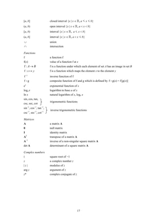 [a, b]                 closed interval {x | x ∈ , a < x < b}
(a, b)                 open interval {x | x ∈ , a < x < b}
[a, b)                 interval {x | x ∈ , a < x < b}
(a, b]                 interval {x | x ∈ , a < x < b}
∪                      union
∩                      intersection

Functions
f                      a function f
f(x)                   value of a function f at x
f : A→ B               f is a function under which each element of set A has an image in set B
f :x     y             f is a function which maps the element x to the element y
f −1                   inverse function of f
f g                    composite function of f and g which is defined by f g(x) = f [g(x)]
ex                     exponential function of x
loga x                 logarithm to base a of x
ln x                   natural logarithm of x, loge x
sin, cos, tan,
                       trigonometric functions
csc, sec, cot
sin−1, cos−1, tan−1,
                       inverse trigonometric functions
csc−1, sec−1, cot−1

Matrices
A                      a matrix A
0                      null matrix
I                      identity matrix
    T
A                      transpose of a matrix A
    −1
A                      inverse of a non-singular square matrix A
det A                  determinant of a square matrix A

Complex numbers
i                      square root of −1
z                      a complex number z
|z|                    modulus of z
arg z                  argument of z
z*                     complex conjugate of z




                                                17
 