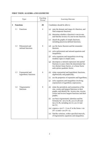 FIRST TERM: ALGEBRA AND GEOMETRY

                                  Teaching
             Topic                                            Learning Outcome
                                   Period

1   Functions                       28       Candidates should be able to:

    1.1   Functions                  6       (a) state the domain and range of a function, and
                                                 find composite functions;
                                             (b) determine whether a function is one-to-one,
                                                 and find the inverse of a one-to-one function;
                                             (c) sketch the graphs of simple functions,
                                                 including piecewise-defined functions;

    1.2   Polynomial and             8       (d) use the factor theorem and the remainder
          rational functions                     theorem;
                                             (e) solve polynomial and rational equations and
                                                 inequalities;
                                             (f)   solve equations and inequalities involving
                                                   modulus signs in simple cases;
                                             (g) decompose a rational expression into partial
                                                 fractions in cases where the denominator has
                                                 two distinct linear factors, or a linear factor
                                                 and a prime quadratic factor;

    1.3   Exponential and            6       (h) relate exponential and logarithmic functions,
          logarithmic functions                  algebraically and graphically;
                                             (i)   use the properties of exponents and logarithms;
                                             (j)   solve equations and inequalities involving
                                                   exponential or logarithmic expressions;

    1.4   Trigonometric              8       (k) relate the periodicity and symmetries of the
          functions                              sine, cosine and tangent functions to their
                                                 graphs, and identify the inverse sine, inverse
                                                 cosine and inverse tangent functions and their
                                                 graphs;
                                             (l)   use basic trigonometric identities and the
                                                   formulae for sin (A ± B), cos (A ± B) and
                                                   tan (A ± B), including sin 2A, cos 2A and
                                                   tan 2A;
                                             (m) express a sin θ + b cos θ in the forms r sin
                                                 (θ ± α) and r cos (θ ± α);
                                             (n) find the solutions, within specified intervals,
                                                 of trigonometric equations and inequalities.




                                             2
 