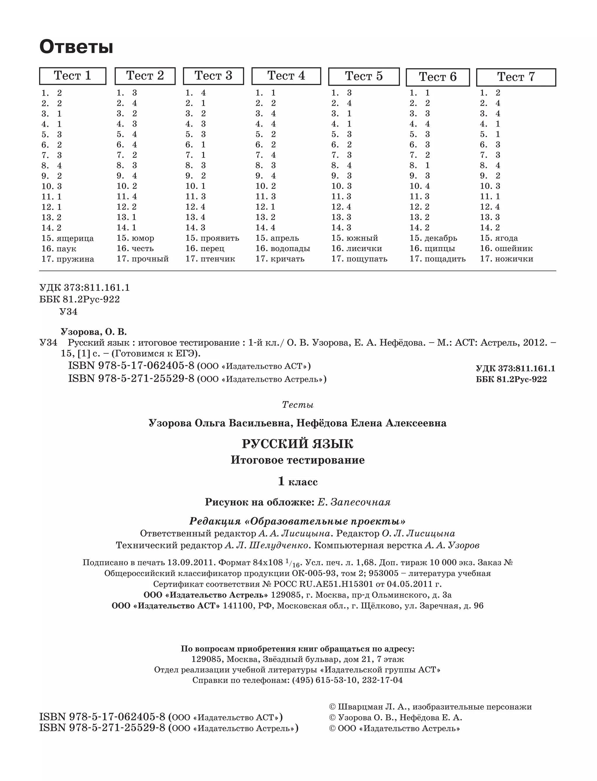 Ответы
УДК 373:811.161.1
ББК 81.2Рус 922
У34
Узорова, О. В.
У34 Русский язык : итоговое тестирование : 1 й кл./ О. В. Узорова, Е. А. Нефёдова. – М.: АСТ: Астрель, 2012. –
15, [1] с. – (Готовимся к ЕГЭ).
ISBN 978 5 17 062405 8 (ООО «Издательство АСТ»)
ISBN 978 5 271 25529 8 (ООО «Издательство Астрель»)
Тесты
Узорова Ольга Васильевна, Нефёдова Елена Алексеевна
РУССКИЙ ЯЗЫК
Итоговое тестирование
1 класс
Рисунок на обложке: Е. Запесочная
Редакция «Образовательные проекты»
Ответственный редактор А. А. Лисицына. Редактор О. Л. Лисицына
Технический редактор А. Л. Шелудченко. Компьютерная верстка А. А. Узоров
Подписано в печать 13.09.2011. Формат 84х108 1/16. Усл. печ. л. 1,68. Доп. тираж 10 000 экз. Заказ №
Общероссийский классификатор продукции ОК 005 93, том 2; 953005 – литература учебная
Сертификат соответствия № РОСС RU.AE51.Н15301 от 04.05.2011 г.
ООО «Издательство Астрель» 129085, г. Москва, пр д Ольминского, д. 3а
ООО «Издательство АСТ» 141100, РФ, Московская обл., г. Щёлково, ул. Заречная, д. 96
По вопросам приобретения книг обращаться по адресу:
129085, Москва, Звёздный бульвар, дом 21, 7 этаж
Отдел реализации учебной литературы «Издательской группы АСТ»
Справки по телефонам: (495) 615 53 10, 232 17 04
ISBN 978 5 17 062405 8 (ООО «Издательство АСТ»)
ISBN 978 5 271 25529 8 (ООО «Издательство Астрель»)
УДК 373:811.161.1
ББК 81.2Рус 922
© Шварцман Л. А., изобразительные персонажи
© Узорова О. В., Нефёдова Е. А.
© ООО «Издательство Астрель»
1. 2
2. 2
3. 1
4. 1
5. 3
6. 2
7. 3
8. 4
9. 2
10. 3
11. 1
12. 1
13. 2
14. 2
15. ящерица
16. паук
17. пружина
1. 3
2. 4
3. 2
4. 3
5. 4
6. 4
7. 2
8. 3
9. 4
10. 2
11. 4
12. 2
13. 1
14. 1
15. юмор
16. честь
17. прочный
1. 1
2. 2
3. 4
4. 4
5. 2
6. 2
7. 4
8. 3
9. 4
10. 2
11. 3
12. 1
13. 2
14. 4
15. апрель
16. водопады
17. кричать
1. 1
2. 2
3. 3
4. 4
5. 3
6. 3
7. 2
8. 1
9. 3
10. 4
11. 3
12. 2
13. 2
14. 2
15. декабрь
16. щипцы
17. пощадить
1. 4
2. 1
3. 2
4. 3
5. 3
6. 1
7. 1
8. 3
9. 2
10. 1
11. 3
12. 4
13. 4
14. 3
15. проявить
16. перец
17. птенчик
1. 3
2. 4
3. 1
4. 1
5. 3
6. 2
7. 3
8. 4
9. 3
10. 3
11. 3
12. 4
13. 3
14. 3
15. южный
16. лисички
17. пощупать
Тест 1 Тест 2 Тест 3 Тест 4 Тест 5 Тест 6 Тест 7
1. 2
2. 4
3. 4
4. 1
5. 1
6. 3
7. 3
8. 4
9. 2
10. 3
11. 1
12. 4
13. 3
14. 2
15. ягода
16. ошейник
17. ножички
 