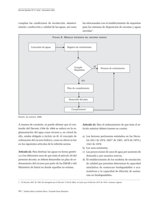 Revista Épsilon Nº 9 / Julio - diciembre 2007




cumplan las condiciones de recolección, abasteci-                           las relacionadas con el establecimiento de requisitos
miento, conducción y calidad de las aguas, así como                         para los sistemas de disposición de excretas y aguas
                                                                            servidas”.

                                          Figura 2. Manejo        sistémico del recurso hídrico




               Concesión de aguas                         Registro de vertimientos




                                                                  Cumple                 SÍ
                                                                                                  Permiso de vertimientos
                                                                  Requisitos



                                                                           NO


                                                          Plan de cumplimiento




                                                            Desarrollo del plan



                                                               Cumplimiento


Fuente: los autores, 2006.


A manera de corolario, se puede afirmar que el con-                         Artículo 23. Para el ordenamiento de que trata el ar-
tenido del Decreto 1594 de 1984 se enfocó en la re-                         tículo anterior deberá tenerse en cuenta:
glamentación del agua como recurso y, en virtud de
ello, estaba obligado a incluir en él, el concepto de                       a)	 Los factores pertinentes señalados en los Decre-
ordenación del recurso hídrico, como en efecto se lee                            tos 2811 de 1974, 28573 de 1981, 1875 de 1979 y
en los siguientes artículos de la referida norma:                                1541 de 1978.
                                                                            b)	 Los usos existentes.
Artículo 22. Para destinar las aguas en forma genéri-                       c)	 Las proyecciones de usos de agua por aumento de
ca a los diferentes usos de que trata el artículo 29 del                         demanda y por usuarios nuevos.
presente decreto, se deberá desarrollar un plan de or-                      d)	 El establecimiento de los modelos de simulación
denamiento del recurso por parte de las EMAR o del                               de calidad que permitan determinar la capacidad
Ministerio de Salud en donde aquellas no existan.                                asimilativa de sustancias biodegradables o acu-
                                                                                 mulativas y la capacidad de dilución de sustan-
                                                                                 cias no biodegradables.

3	 El Decreto 2857 de 1981 fue derogado por el Decreto 1729 de 2002, en tanto que el Decreto 1875 de 1979, continua vigente.



94 / Rubén Darío Londoño Pérez / Yanneth Parra Martínez
 