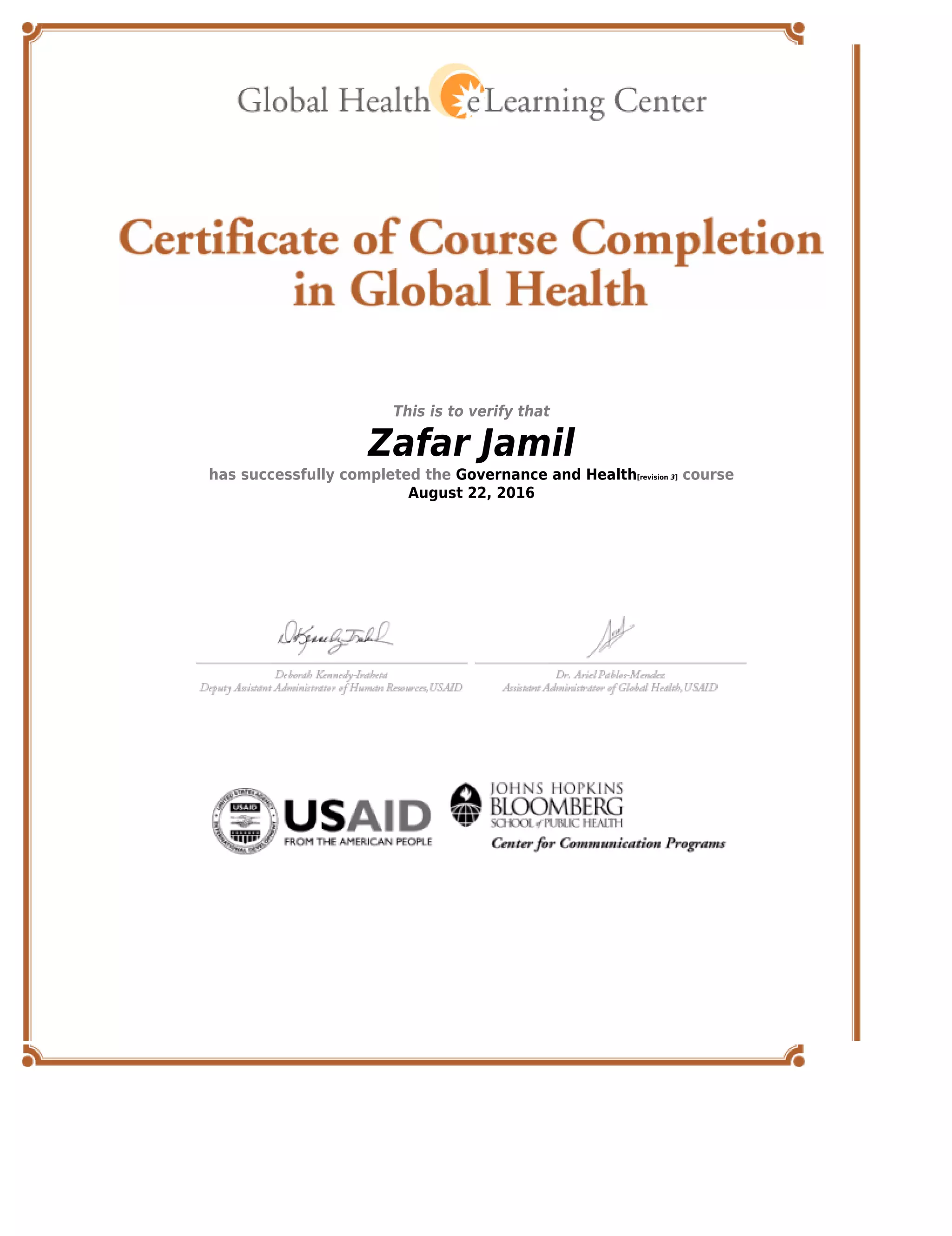 Global Health eLearning Center Certificate Governance and Health PDF