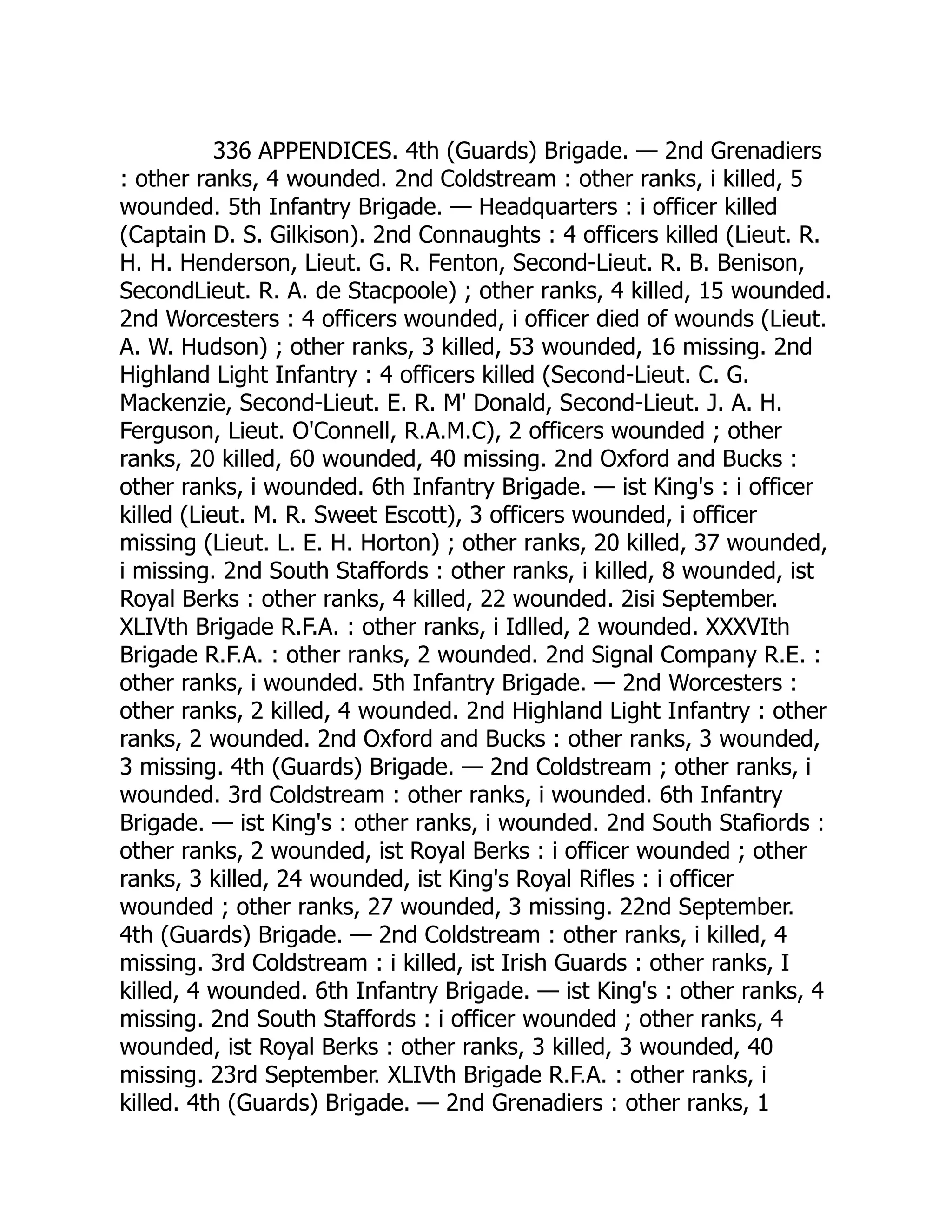 336 APPENDICES. 4th (Guards) Brigade. — 2nd Grenadiers
: other ranks, 4 wounded. 2nd Coldstream : other ranks, i killed, 5
wounded. 5th Infantry Brigade. — Headquarters : i officer killed
(Captain D. S. Gilkison). 2nd Connaughts : 4 officers killed (Lieut. R.
H. H. Henderson, Lieut. G. R. Fenton, Second-Lieut. R. B. Benison,
SecondLieut. R. A. de Stacpoole) ; other ranks, 4 killed, 15 wounded.
2nd Worcesters : 4 officers wounded, i officer died of wounds (Lieut.
A. W. Hudson) ; other ranks, 3 killed, 53 wounded, 16 missing. 2nd
Highland Light Infantry : 4 officers killed (Second-Lieut. C. G.
Mackenzie, Second-Lieut. E. R. M' Donald, Second-Lieut. J. A. H.
Ferguson, Lieut. O'Connell, R.A.M.C), 2 officers wounded ; other
ranks, 20 killed, 60 wounded, 40 missing. 2nd Oxford and Bucks :
other ranks, i wounded. 6th Infantry Brigade. — ist King's : i officer
killed (Lieut. M. R. Sweet Escott), 3 officers wounded, i officer
missing (Lieut. L. E. H. Horton) ; other ranks, 20 killed, 37 wounded,
i missing. 2nd South Staffords : other ranks, i killed, 8 wounded, ist
Royal Berks : other ranks, 4 killed, 22 wounded. 2isi September.
XLIVth Brigade R.F.A. : other ranks, i Idlled, 2 wounded. XXXVIth
Brigade R.F.A. : other ranks, 2 wounded. 2nd Signal Company R.E. :
other ranks, i wounded. 5th Infantry Brigade. — 2nd Worcesters :
other ranks, 2 killed, 4 wounded. 2nd Highland Light Infantry : other
ranks, 2 wounded. 2nd Oxford and Bucks : other ranks, 3 wounded,
3 missing. 4th (Guards) Brigade. — 2nd Coldstream ; other ranks, i
wounded. 3rd Coldstream : other ranks, i wounded. 6th Infantry
Brigade. — ist King's : other ranks, i wounded. 2nd South Stafiords :
other ranks, 2 wounded, ist Royal Berks : i officer wounded ; other
ranks, 3 killed, 24 wounded, ist King's Royal Rifles : i officer
wounded ; other ranks, 27 wounded, 3 missing. 22nd September.
4th (Guards) Brigade. — 2nd Coldstream : other ranks, i killed, 4
missing. 3rd Coldstream : i killed, ist Irish Guards : other ranks, I
killed, 4 wounded. 6th Infantry Brigade. — ist King's : other ranks, 4
missing. 2nd South Staffords : i officer wounded ; other ranks, 4
wounded, ist Royal Berks : other ranks, 3 killed, 3 wounded, 40
missing. 23rd September. XLIVth Brigade R.F.A. : other ranks, i
killed. 4th (Guards) Brigade. — 2nd Grenadiers : other ranks, 1
 