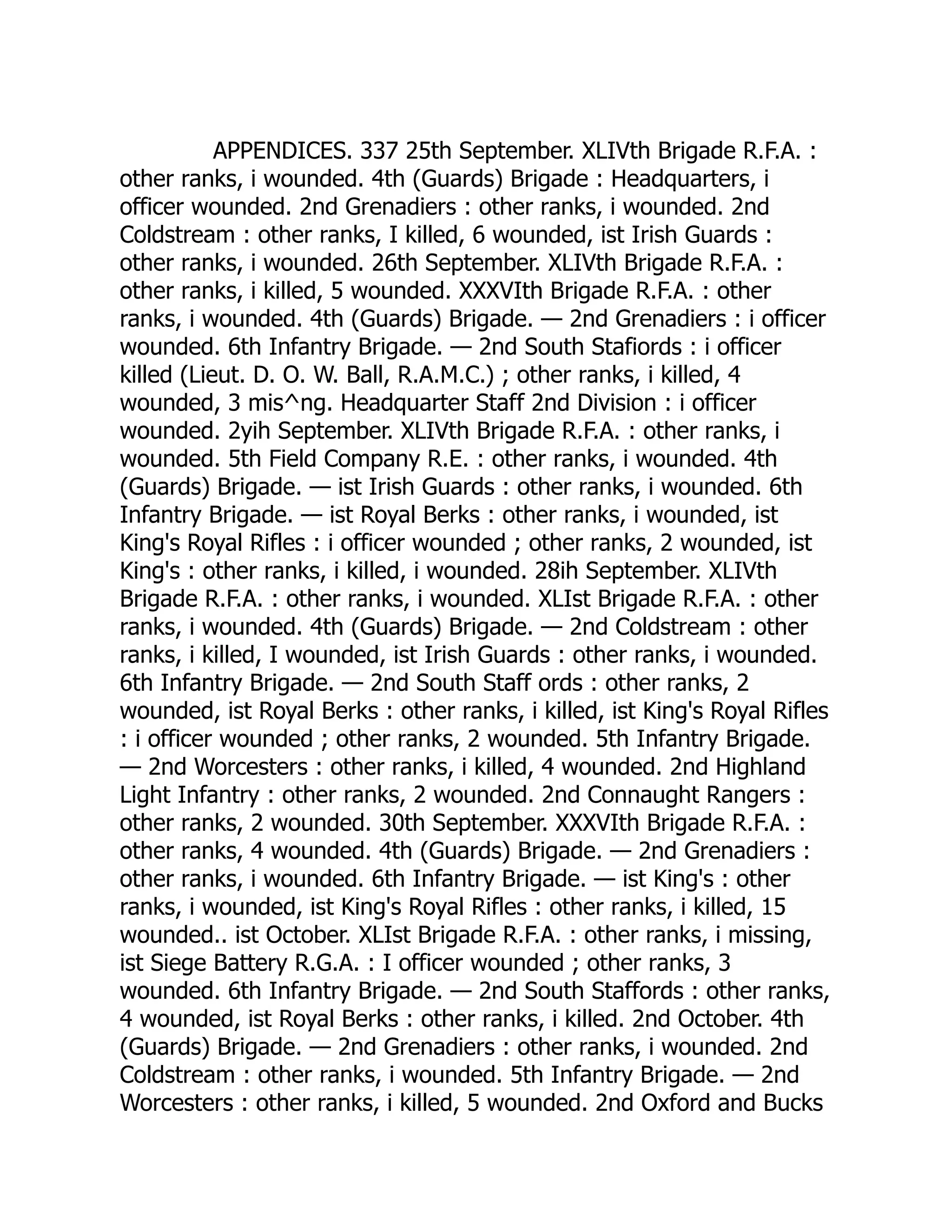 APPENDICES. 337 25th September. XLIVth Brigade R.F.A. :
other ranks, i wounded. 4th (Guards) Brigade : Headquarters, i
officer wounded. 2nd Grenadiers : other ranks, i wounded. 2nd
Coldstream : other ranks, I killed, 6 wounded, ist Irish Guards :
other ranks, i wounded. 26th September. XLIVth Brigade R.F.A. :
other ranks, i killed, 5 wounded. XXXVIth Brigade R.F.A. : other
ranks, i wounded. 4th (Guards) Brigade. — 2nd Grenadiers : i officer
wounded. 6th Infantry Brigade. — 2nd South Stafiords : i officer
killed (Lieut. D. O. W. Ball, R.A.M.C.) ; other ranks, i killed, 4
wounded, 3 mis^ng. Headquarter Staff 2nd Division : i officer
wounded. 2yih September. XLIVth Brigade R.F.A. : other ranks, i
wounded. 5th Field Company R.E. : other ranks, i wounded. 4th
(Guards) Brigade. — ist Irish Guards : other ranks, i wounded. 6th
Infantry Brigade. — ist Royal Berks : other ranks, i wounded, ist
King's Royal Rifles : i officer wounded ; other ranks, 2 wounded, ist
King's : other ranks, i killed, i wounded. 28ih September. XLIVth
Brigade R.F.A. : other ranks, i wounded. XLIst Brigade R.F.A. : other
ranks, i wounded. 4th (Guards) Brigade. — 2nd Coldstream : other
ranks, i killed, I wounded, ist Irish Guards : other ranks, i wounded.
6th Infantry Brigade. — 2nd South Staff ords : other ranks, 2
wounded, ist Royal Berks : other ranks, i killed, ist King's Royal Rifles
: i officer wounded ; other ranks, 2 wounded. 5th Infantry Brigade.
— 2nd Worcesters : other ranks, i killed, 4 wounded. 2nd Highland
Light Infantry : other ranks, 2 wounded. 2nd Connaught Rangers :
other ranks, 2 wounded. 30th September. XXXVIth Brigade R.F.A. :
other ranks, 4 wounded. 4th (Guards) Brigade. — 2nd Grenadiers :
other ranks, i wounded. 6th Infantry Brigade. — ist King's : other
ranks, i wounded, ist King's Royal Rifles : other ranks, i killed, 15
wounded.. ist October. XLIst Brigade R.F.A. : other ranks, i missing,
ist Siege Battery R.G.A. : I officer wounded ; other ranks, 3
wounded. 6th Infantry Brigade. — 2nd South Staffords : other ranks,
4 wounded, ist Royal Berks : other ranks, i killed. 2nd October. 4th
(Guards) Brigade. — 2nd Grenadiers : other ranks, i wounded. 2nd
Coldstream : other ranks, i wounded. 5th Infantry Brigade. — 2nd
Worcesters : other ranks, i killed, 5 wounded. 2nd Oxford and Bucks
 