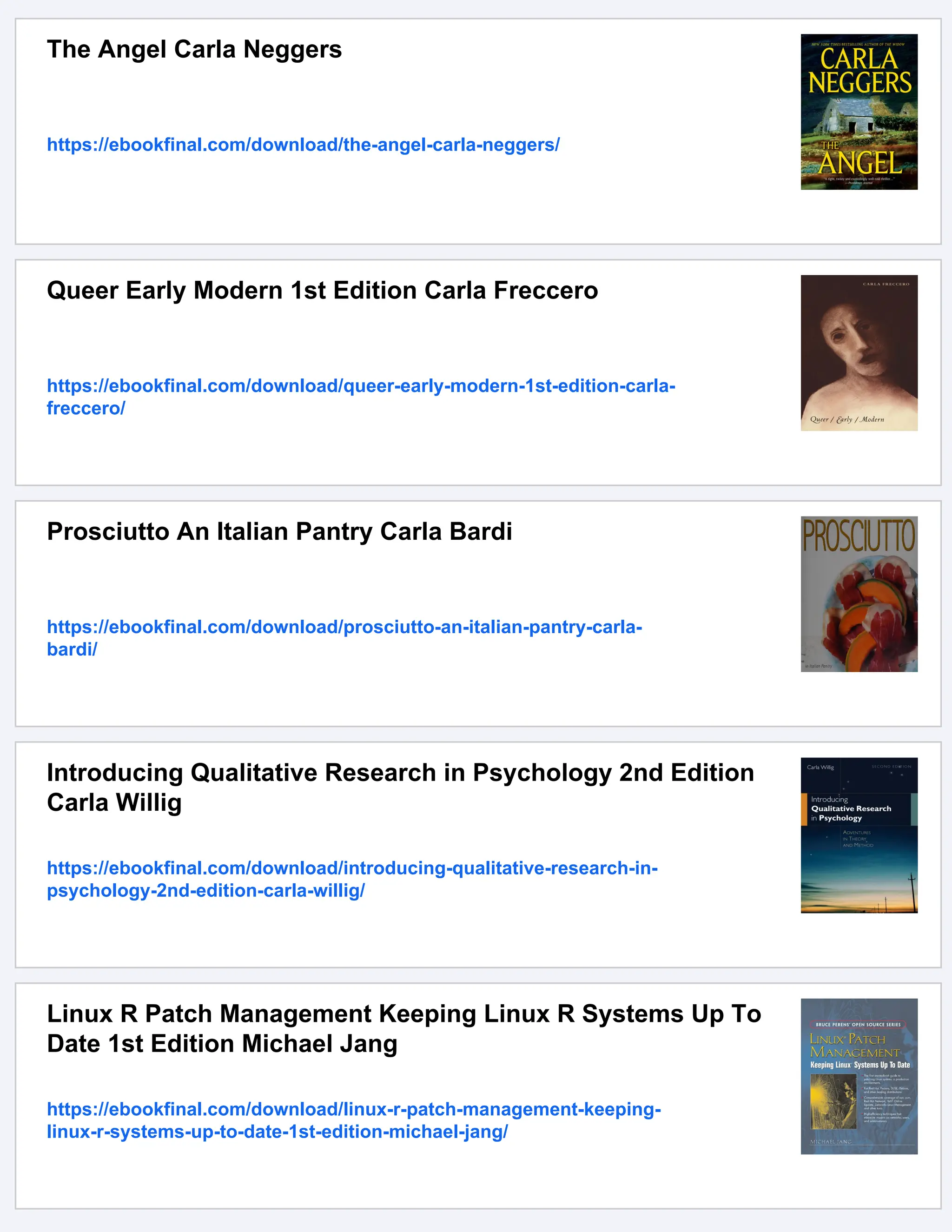 The Angel Carla Neggers
https://ebookfinal.com/download/the-angel-carla-neggers/
Queer Early Modern 1st Edition Carla Freccero
https://ebookfinal.com/download/queer-early-modern-1st-edition-carla-
freccero/
Prosciutto An Italian Pantry Carla Bardi
https://ebookfinal.com/download/prosciutto-an-italian-pantry-carla-
bardi/
Introducing Qualitative Research in Psychology 2nd Edition
Carla Willig
https://ebookfinal.com/download/introducing-qualitative-research-in-
psychology-2nd-edition-carla-willig/
Linux R Patch Management Keeping Linux R Systems Up To
Date 1st Edition Michael Jang
https://ebookfinal.com/download/linux-r-patch-management-keeping-
linux-r-systems-up-to-date-1st-edition-michael-jang/
 