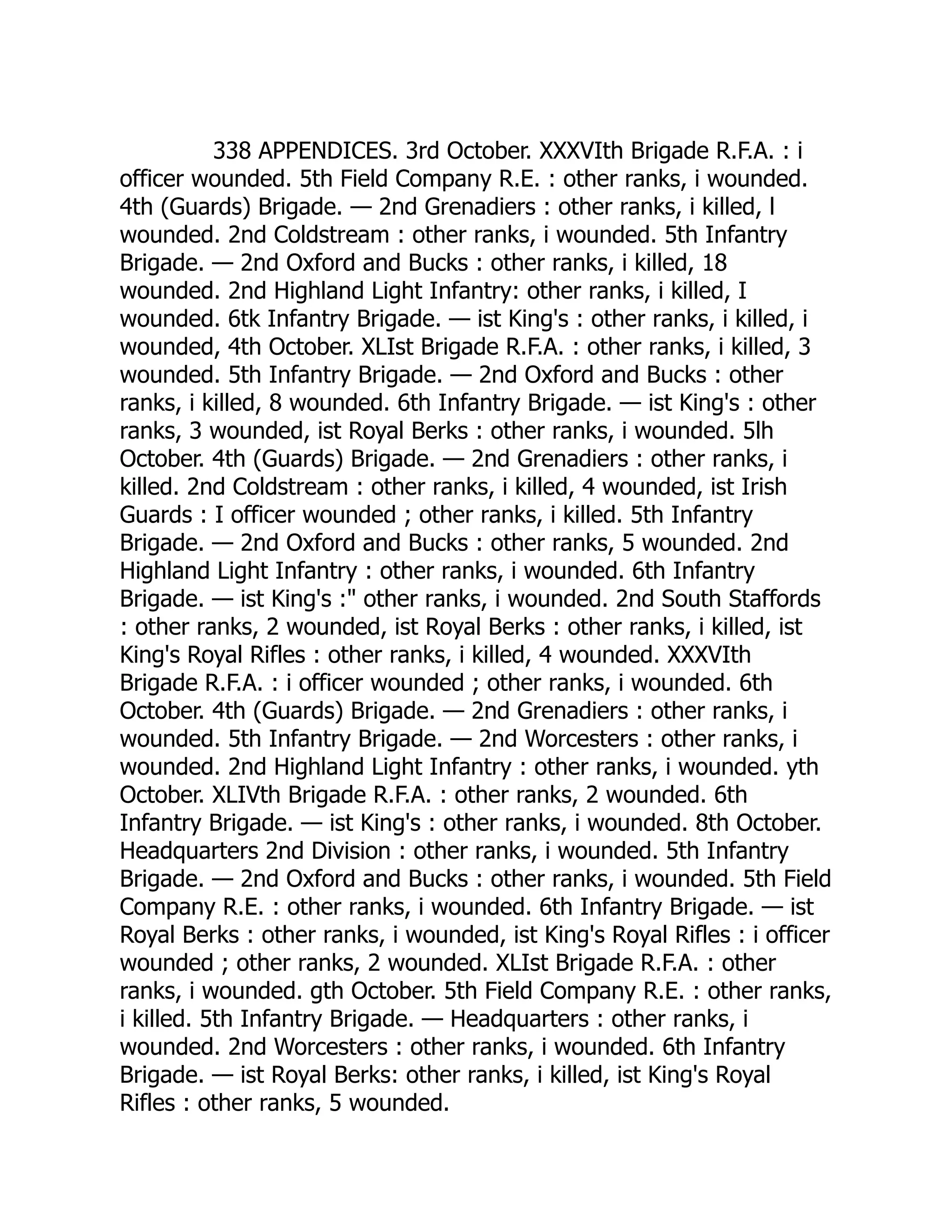 338 APPENDICES. 3rd October. XXXVIth Brigade R.F.A. : i
officer wounded. 5th Field Company R.E. : other ranks, i wounded.
4th (Guards) Brigade. — 2nd Grenadiers : other ranks, i killed, l
wounded. 2nd Coldstream : other ranks, i wounded. 5th Infantry
Brigade. — 2nd Oxford and Bucks : other ranks, i killed, 18
wounded. 2nd Highland Light Infantry: other ranks, i killed, I
wounded. 6tk Infantry Brigade. — ist King's : other ranks, i killed, i
wounded, 4th October. XLIst Brigade R.F.A. : other ranks, i killed, 3
wounded. 5th Infantry Brigade. — 2nd Oxford and Bucks : other
ranks, i killed, 8 wounded. 6th Infantry Brigade. — ist King's : other
ranks, 3 wounded, ist Royal Berks : other ranks, i wounded. 5lh
October. 4th (Guards) Brigade. — 2nd Grenadiers : other ranks, i
killed. 2nd Coldstream : other ranks, i killed, 4 wounded, ist Irish
Guards : I officer wounded ; other ranks, i killed. 5th Infantry
Brigade. — 2nd Oxford and Bucks : other ranks, 5 wounded. 2nd
Highland Light Infantry : other ranks, i wounded. 6th Infantry
Brigade. — ist King's :" other ranks, i wounded. 2nd South Staffords
: other ranks, 2 wounded, ist Royal Berks : other ranks, i killed, ist
King's Royal Rifles : other ranks, i killed, 4 wounded. XXXVIth
Brigade R.F.A. : i officer wounded ; other ranks, i wounded. 6th
October. 4th (Guards) Brigade. — 2nd Grenadiers : other ranks, i
wounded. 5th Infantry Brigade. — 2nd Worcesters : other ranks, i
wounded. 2nd Highland Light Infantry : other ranks, i wounded. yth
October. XLIVth Brigade R.F.A. : other ranks, 2 wounded. 6th
Infantry Brigade. — ist King's : other ranks, i wounded. 8th October.
Headquarters 2nd Division : other ranks, i wounded. 5th Infantry
Brigade. — 2nd Oxford and Bucks : other ranks, i wounded. 5th Field
Company R.E. : other ranks, i wounded. 6th Infantry Brigade. — ist
Royal Berks : other ranks, i wounded, ist King's Royal Rifles : i officer
wounded ; other ranks, 2 wounded. XLIst Brigade R.F.A. : other
ranks, i wounded. gth October. 5th Field Company R.E. : other ranks,
i killed. 5th Infantry Brigade. — Headquarters : other ranks, i
wounded. 2nd Worcesters : other ranks, i wounded. 6th Infantry
Brigade. — ist Royal Berks: other ranks, i killed, ist King's Royal
Rifles : other ranks, 5 wounded.
 
