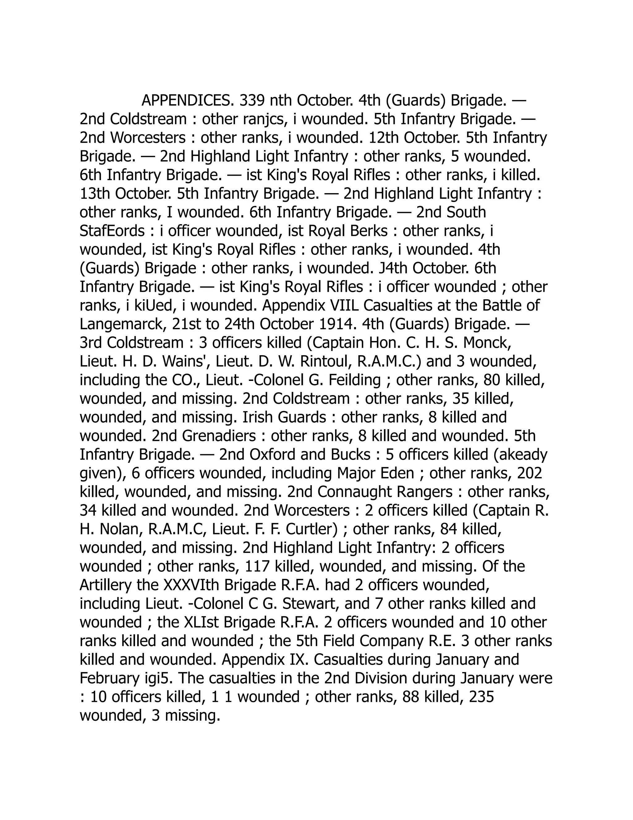 APPENDICES. 339 nth October. 4th (Guards) Brigade. —
2nd Coldstream : other ranjcs, i wounded. 5th Infantry Brigade. —
2nd Worcesters : other ranks, i wounded. 12th October. 5th Infantry
Brigade. — 2nd Highland Light Infantry : other ranks, 5 wounded.
6th Infantry Brigade. — ist King's Royal Rifles : other ranks, i killed.
13th October. 5th Infantry Brigade. — 2nd Highland Light Infantry :
other ranks, I wounded. 6th Infantry Brigade. — 2nd South
StafEords : i officer wounded, ist Royal Berks : other ranks, i
wounded, ist King's Royal Rifles : other ranks, i wounded. 4th
(Guards) Brigade : other ranks, i wounded. J4th October. 6th
Infantry Brigade. — ist King's Royal Rifles : i officer wounded ; other
ranks, i kiUed, i wounded. Appendix VIIL Casualties at the Battle of
Langemarck, 21st to 24th October 1914. 4th (Guards) Brigade. —
3rd Coldstream : 3 officers killed (Captain Hon. C. H. S. Monck,
Lieut. H. D. Wains', Lieut. D. W. Rintoul, R.A.M.C.) and 3 wounded,
including the CO., Lieut. -Colonel G. Feilding ; other ranks, 80 killed,
wounded, and missing. 2nd Coldstream : other ranks, 35 killed,
wounded, and missing. Irish Guards : other ranks, 8 killed and
wounded. 2nd Grenadiers : other ranks, 8 killed and wounded. 5th
Infantry Brigade. — 2nd Oxford and Bucks : 5 officers killed (akeady
given), 6 officers wounded, including Major Eden ; other ranks, 202
killed, wounded, and missing. 2nd Connaught Rangers : other ranks,
34 killed and wounded. 2nd Worcesters : 2 officers killed (Captain R.
H. Nolan, R.A.M.C, Lieut. F. F. Curtler) ; other ranks, 84 killed,
wounded, and missing. 2nd Highland Light Infantry: 2 officers
wounded ; other ranks, 117 killed, wounded, and missing. Of the
Artillery the XXXVIth Brigade R.F.A. had 2 officers wounded,
including Lieut. -Colonel C G. Stewart, and 7 other ranks killed and
wounded ; the XLIst Brigade R.F.A. 2 officers wounded and 10 other
ranks killed and wounded ; the 5th Field Company R.E. 3 other ranks
killed and wounded. Appendix IX. Casualties during January and
February igi5. The casualties in the 2nd Division during January were
: 10 officers killed, 1 1 wounded ; other ranks, 88 killed, 235
wounded, 3 missing.
 