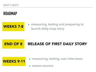 WHAT’S NEXT?
ROADMAP
▸ measuring, testing, user interviews
▸ assess success
RELEASE OF FIRST DAILY STORY
▸ measuring, test...