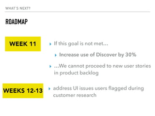 WHAT’S NEXT?
ROADMAP
▸ If this goal is not met…
▸ Increase use of Discover by 30%
▸ …We cannot proceed to new user stories...