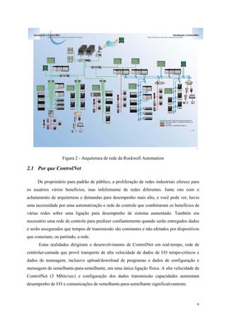 6
Figura 2 - Arquitetura de rede da Rockwell Automation
2.1 Por que ControlNet
De proprietário para padrão de público, a proliferação de redes industriais oferece para
os usuários vários benefícios, mas infelizmente de redes diferentes. Junte isto com o
achatamento de arquiteturas e demandas para desempenho mais alto, e você pode ver, havia
uma necessidade por uma automatização e rede de controle que combinaram os benefícios de
várias redes sobre uma ligação para desempenho de sistema aumentado. Também era
necessário uma rede de controle para predizer confiantemente quando serão entregados dados
e serão assegurados que tempos de transmissão são constantes e não afetados por dispositivos
que conectam, ou partindo, a rede.
Estas realidades dirigiram o desenvolvimento de ControlNet em real-tempo, rede de
controlar-camada que provê transporte de alta velocidade de dados de I/O tempo-críticos e
dados de mensagem, inclusive upload/download de programas e dados de configuração e
mensagem de semelhante-para-semelhante, em uma única ligação física. A alta velocidade de
ControlNet (5 Mbits/sec) e configuração dos dados transmissão capacidades aumentam
desempenho de I/O e comunicações de semelhante-para-semelhante significativamente.
 