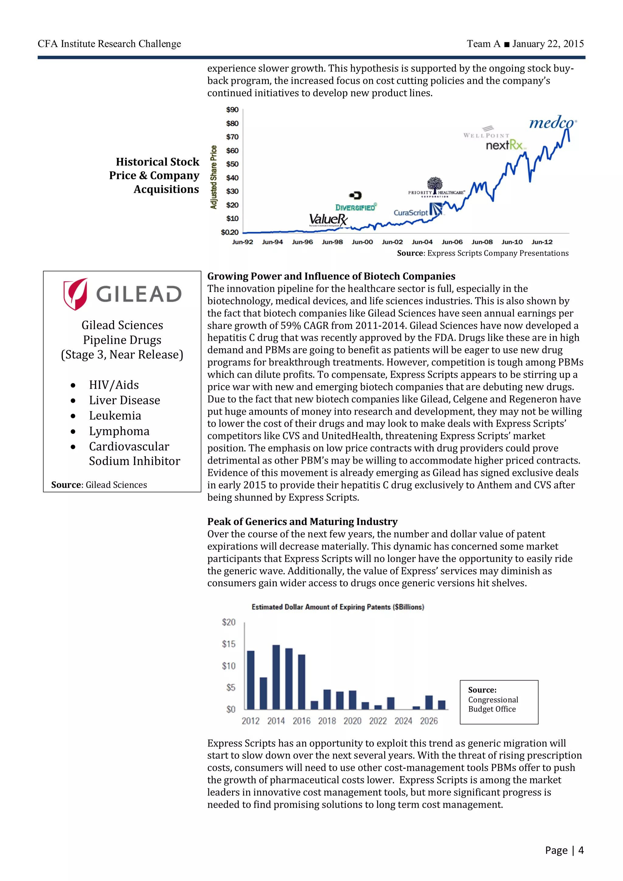 CFA Institute Research Challenge Team A ■ January 22, 2015
Page | 4
experience slower growth. This hypothesis is supported by the ongoing stock buy-
back program, the increased focus on cost cutting policies and the company’s
continued initiatives to develop new product lines.
Source: Express Scripts Company Presentations
Growing Power and Influence of Biotech Companies
The innovation pipeline for the healthcare sector is full, especially in the
biotechnology, medical devices, and life sciences industries. This is also shown by
the fact that biotech companies like Gilead Sciences have seen annual earnings per
share growth of 59% CAGR from 2011-2014. Gilead Sciences have now developed a
hepatitis C drug that was recently approved by the FDA. Drugs like these are in high
demand and PBMs are going to benefit as patients will be eager to use new drug
programs for breakthrough treatments. However, competition is tough among PBMs
which can dilute profits. To compensate, Express Scripts appears to be stirring up a
price war with new and emerging biotech companies that are debuting new drugs.
Due to the fact that new biotech companies like Gilead, Celgene and Regeneron have
put huge amounts of money into research and development, they may not be willing
to lower the cost of their drugs and may look to make deals with Express Scripts’
competitors like CVS and UnitedHealth, threatening Express Scripts’ market
position. The emphasis on low price contracts with drug providers could prove
detrimental as other PBM’s may be willing to accommodate higher priced contracts.
Evidence of this movement is already emerging as Gilead has signed exclusive deals
in early 2015 to provide their hepatitis C drug exclusively to Anthem and CVS after
being shunned by Express Scripts.
Peak of Generics and Maturing Industry
Over the course of the next few years, the number and dollar value of patent
expirations will decrease materially. This dynamic has concerned some market
participants that Express Scripts will no longer have the opportunity to easily ride
the generic wave. Additionally, the value of Express’ services may diminish as
consumers gain wider access to drugs once generic versions hit shelves.
Express Scripts has an opportunity to exploit this trend as generic migration will
start to slow down over the next several years. With the threat of rising prescription
costs, consumers will need to use other cost-management tools PBMs offer to push
the growth of pharmaceutical costs lower. Express Scripts is among the market
leaders in innovative cost management tools, but more significant progress is
needed to find promising solutions to long term cost management.
Gilead Sciences
Pipeline Drugs
(Stage 3, Near Release)
 HIV/Aids
 Liver Disease
 Leukemia
 Lymphoma
 Cardiovascular
Sodium Inhibitor
Source: Gilead Sciences
Source:
Congressional
Budget Office
Historical Stock
Price & Company
Acquisitions
 