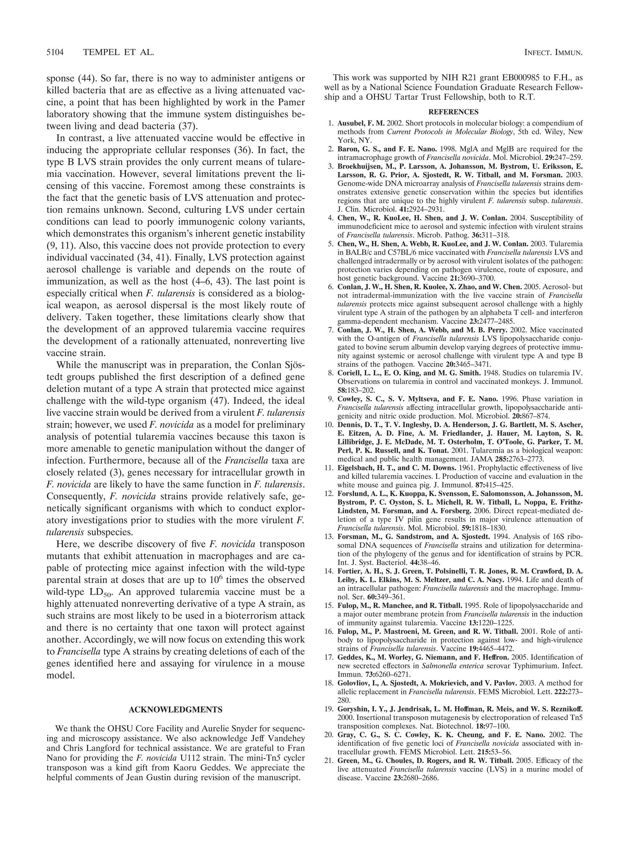 sponse (44). So far, there is no way to administer antigens or
killed bacteria that are as effective as a living attenuated vac-
cine, a point that has been highlighted by work in the Pamer
laboratory showing that the immune system distinguishes be-
tween living and dead bacteria (37).
In contrast, a live attenuated vaccine would be effective in
inducing the appropriate cellular responses (36). In fact, the
type B LVS strain provides the only current means of tulare-
mia vaccination. However, several limitations prevent the li-
censing of this vaccine. Foremost among these constraints is
the fact that the genetic basis of LVS attenuation and protec-
tion remains unknown. Second, culturing LVS under certain
conditions can lead to poorly immunogenic colony variants,
which demonstrates this organism’s inherent genetic instability
(9, 11). Also, this vaccine does not provide protection to every
individual vaccinated (34, 41). Finally, LVS protection against
aerosol challenge is variable and depends on the route of
immunization, as well as the host (4–6, 43). The last point is
especially critical when F. tularensis is considered as a biolog-
ical weapon, as aerosol dispersal is the most likely route of
delivery. Taken together, these limitations clearly show that
the development of an approved tularemia vaccine requires
the development of a rationally attenuated, nonreverting live
vaccine strain.
While the manuscript was in preparation, the Conlan Sjo¨s-
tedt groups published the ﬁrst description of a deﬁned gene
deletion mutant of a type A strain that protected mice against
challenge with the wild-type organism (47). Indeed, the ideal
live vaccine strain would be derived from a virulent F. tularensis
strain; however, we used F. novicida as a model for preliminary
analysis of potential tularemia vaccines because this taxon is
more amenable to genetic manipulation without the danger of
infection. Furthermore, because all of the Francisella taxa are
closely related (3), genes necessary for intracellular growth in
F. novicida are likely to have the same function in F. tularensis.
Consequently, F. novicida strains provide relatively safe, ge-
netically signiﬁcant organisms with which to conduct explor-
atory investigations prior to studies with the more virulent F.
tularensis subspecies.
Here, we describe discovery of ﬁve F. novicida transposon
mutants that exhibit attenuation in macrophages and are ca-
pable of protecting mice against infection with the wild-type
parental strain at doses that are up to 106
times the observed
wild-type LD50. An approved tularemia vaccine must be a
highly attenuated nonreverting derivative of a type A strain, as
such strains are most likely to be used in a bioterrorism attack
and there is no certainty that one taxon will protect against
another. Accordingly, we will now focus on extending this work
to Francisella type A strains by creating deletions of each of the
genes identiﬁed here and assaying for virulence in a mouse
model.
ACKNOWLEDGMENTS
We thank the OHSU Core Facility and Aurelie Snyder for sequenc-
ing and microscopy assistance. We also acknowledge Jeff Vandehey
and Chris Langford for technical assistance. We are grateful to Fran
Nano for providing the F. novicida U112 strain. The mini-Tn5 cycler
transposon was a kind gift from Kaoru Geddes. We appreciate the
helpful comments of Jean Gustin during revision of the manuscript.
This work was supported by NIH R21 grant EB000985 to F.H., as
well as by a National Science Foundation Graduate Research Fellow-
ship and a OHSU Tartar Trust Fellowship, both to R.T.
REFERENCES
1. Ausubel, F. M. 2002. Short protocols in molecular biology: a compendium of
methods from Current Protocols in Molecular Biology, 5th ed. Wiley, New
York, NY.
2. Baron, G. S., and F. E. Nano. 1998. MglA and MglB are required for the
intramacrophage growth of Francisella novicida. Mol. Microbiol. 29:247–259.
3. Broekhuijsen, M., P. Larsson, A. Johansson, M. Bystrom, U. Eriksson, E.
Larsson, R. G. Prior, A. Sjostedt, R. W. Titball, and M. Forsman. 2003.
Genome-wide DNA microarray analysis of Francisella tularensis strains dem-
onstrates extensive genetic conservation within the species but identiﬁes
regions that are unique to the highly virulent F. tularensis subsp. tularensis.
J. Clin. Microbiol. 41:2924–2931.
4. Chen, W., R. KuoLee, H. Shen, and J. W. Conlan. 2004. Susceptibility of
immunodeﬁcient mice to aerosol and systemic infection with virulent strains
of Francisella tularensis. Microb. Pathog. 36:311–318.
5. Chen, W., H. Shen, A. Webb, R. KuoLee, and J. W. Conlan. 2003. Tularemia
in BALB/c and C57BL/6 mice vaccinated with Francisella tularensis LVS and
challenged intradermally or by aerosol with virulent isolates of the pathogen:
protection varies depending on pathogen virulence, route of exposure, and
host genetic background. Vaccine 21:3690–3700.
6. Conlan, J. W., H. Shen, R. Kuolee, X. Zhao, and W. Chen. 2005. Aerosol- but
not intradermal-immunization with the live vaccine strain of Francisella
tularensis protects mice against subsequent aerosol challenge with a highly
virulent type A strain of the pathogen by an alphabeta T cell- and interferon
gamma-dependent mechanism. Vaccine 23:2477–2485.
7. Conlan, J. W., H. Shen, A. Webb, and M. B. Perry. 2002. Mice vaccinated
with the O-antigen of Francisella tularensis LVS lipopolysaccharide conju-
gated to bovine serum albumin develop varying degrees of protective immu-
nity against systemic or aerosol challenge with virulent type A and type B
strains of the pathogen. Vaccine 20:3465–3471.
8. Coriell, L. L., E. O. King, and M. G. Smith. 1948. Studies on tularemia IV.
Observations on tularemia in control and vaccinated monkeys. J. Immunol.
58:183–202.
9. Cowley, S. C., S. V. Myltseva, and F. E. Nano. 1996. Phase variation in
Francisella tularensis affecting intracellular growth, lipopolysaccharide anti-
genicity and nitric oxide production. Mol. Microbiol. 20:867–874.
10. Dennis, D. T., T. V. Inglesby, D. A. Henderson, J. G. Bartlett, M. S. Ascher,
E. Eitzen, A. D. Fine, A. M. Friedlander, J. Hauer, M. Layton, S. R.
Lillibridge, J. E. McDade, M. T. Osterholm, T. O’Toole, G. Parker, T. M.
Perl, P. K. Russell, and K. Tonat. 2001. Tularemia as a biological weapon:
medical and public health management. JAMA 285:2763–2773.
11. Eigelsbach, H. T., and C. M. Downs. 1961. Prophylactic effectiveness of live
and killed tularemia vaccines. I. Production of vaccine and evaluation in the
white mouse and guinea pig. J. Immunol. 87:415–425.
12. Forslund, A. L., K. Kuoppa, K. Svensson, E. Salomonsson, A. Johansson, M.
Bystrom, P. C. Oyston, S. L. Michell, R. W. Titball, L. Noppa, E. Frithz-
Lindsten, M. Forsman, and A. Forsberg. 2006. Direct repeat-mediated de-
letion of a type IV pilin gene results in major virulence attenuation of
Francisella tularensis. Mol. Microbiol. 59:1818–1830.
13. Forsman, M., G. Sandstrom, and A. Sjostedt. 1994. Analysis of 16S ribo-
somal DNA sequences of Francisella strains and utilization for determina-
tion of the phylogeny of the genus and for identiﬁcation of strains by PCR.
Int. J. Syst. Bacteriol. 44:38–46.
14. Fortier, A. H., S. J. Green, T. Polsinelli, T. R. Jones, R. M. Crawford, D. A.
Leiby, K. L. Elkins, M. S. Meltzer, and C. A. Nacy. 1994. Life and death of
an intracellular pathogen: Francisella tularensis and the macrophage. Immu-
nol. Ser. 60:349–361.
15. Fulop, M., R. Manchee, and R. Titball. 1995. Role of lipopolysaccharide and
a major outer membrane protein from Francisella tularensis in the induction
of immunity against tularemia. Vaccine 13:1220–1225.
16. Fulop, M., P. Mastroeni, M. Green, and R. W. Titball. 2001. Role of anti-
body to lipopolysaccharide in protection against low- and high-virulence
strains of Francisella tularensis. Vaccine 19:4465–4472.
17. Geddes, K., M. Worley, G. Niemann, and F. Heffron. 2005. Identiﬁcation of
new secreted effectors in Salmonella enterica serovar Typhimurium. Infect.
Immun. 73:6260–6271.
18. Golovliov, I., A. Sjostedt, A. Mokrievich, and V. Pavlov. 2003. A method for
allelic replacement in Francisella tularensis. FEMS Microbiol. Lett. 222:273–
280.
19. Goryshin, I. Y., J. Jendrisak, L. M. Hoffman, R. Meis, and W. S. Reznikoff.
2000. Insertional transposon mutagenesis by electroporation of released Tn5
transposition complexes. Nat. Biotechnol. 18:97–100.
20. Gray, C. G., S. C. Cowley, K. K. Cheung, and F. E. Nano. 2002. The
identiﬁcation of ﬁve genetic loci of Francisella novicida associated with in-
tracellular growth. FEMS Microbiol. Lett. 215:53–56.
21. Green, M., G. Choules, D. Rogers, and R. W. Titball. 2005. Efﬁcacy of the
live attenuated Francisella tularensis vaccine (LVS) in a murine model of
disease. Vaccine 23:2680–2686.
5104 TEMPEL ET AL. INFECT. IMMUN.
 