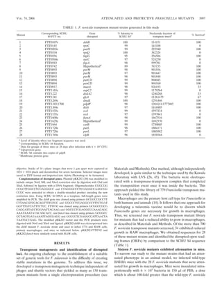 objective. Stacks of 10 z-plane images that were 1 ␮m apart were captured at
1024 ϫ 1024 pixels and deconvolved for seven iterations. Selected images were
saved in TIFF format and imported into Adobe Photoshop to be formatted.
Complementation of disrupted genes. Plasmid pKK202 (30) was modiﬁed to
include unique NotI, SﬁI, and XhoI restriction sites by digestion with ClaI and
XbaI, followed by ligation with a DNA fragment. Oligonucleotides CGGCGG
CCGCTTGGCCTCGAGGGCC and CTAGGGCCCTCGAGGCCAAGCGG
CCGC were annealed to obtain a double-stranded product encoding the new
restriction sites. Using SCHU S4 DNA as a template, full-length genes were
ampliﬁed by PCR. The dsbB gene was cloned using primers GCGGCCGCCTT
CTTAACGTCCACAGTTTTGTCC and GGCCCTCGAGGCCCTTTCTGAT
GGTTTGTCATTTCTCC, FTT0742 was cloned using primers GCGGCCGCG
CAGCATTACCTGGAATTACAAG and GGCCCTCGAGGCCCAAACAGC
AAATAAATATACAACACC, and fumA was cloned using primers GCGGCC
GCTAGTGATAAAATTAGCGAGG and GGCCCTCGAGGCCATTAACTA
TAATGCCGAG. The modiﬁed pKK202 vector and the PCR products were
digested with NotI and XhoI and ligated. pKK202-dsbB was electroporated into
the dsbB mutant F. novicida strain and used to infect J774 and RAW cells,
primary macrophages, and mice as indicated below. pKK202-FTT0742 and
pKK202-fumA were similarly tested with RAW cells.
RESULTS
Transposon mutagenesis and identiﬁcation of disrupted
loci. An ongoing challenge to the establishment of a suitable
set of genetic tools for F. tularensis is the difﬁculty of creating
stable mutations in the genome. To address this issue, we
developed a transposon mutagenesis technique independent of
phages and shuttle vectors that yielded as many as 150 trans-
poson mutants from a single electroporation procedure (see
Materials and Methods). Our method, although independently
developed, is quite similar to the technique used by the Kawula
laboratory with LVS (26, 45). The bacteria were electropo-
rated with a transposase-transposon complex that completed
the transposition event once it was inside the bacteria. This
approach yielded the library of 779 Francisella transposon mu-
tants used in this study.
Macrophages are the primary host cell type for Francisella in
both humans and animals (14). It follows that one approach for
developing a tularemia vaccine would be to discern which
Francisella genes are necessary for growth in macrophages.
Thus, we screened our F. novicida transposon mutant library
for mutants that had a reduced ability to grow in macrophages,
as described in Materials and Methods. Of the more than 700
F. novicida transposon mutants screened, 34 exhibited reduced
growth in RAW macrophages. We obtained sequences for 28
of these mutant strains and identiﬁed the disrupted open read-
ing frames (ORFs) by comparison to the SCHU S4 sequence
(Table 1).
Sixteen F. novicida mutants exhibited attenuation in mice.
To narrow our study to the mutant strains that had an atten-
uated phenotype in an animal model, we infected wild-type
BALB/c mice with the 28 F. novicida mutants that were atten-
uated for growth in macrophages. Mice were inoculated intra-
peritoneally with 6 ϫ 103
bacteria in 150 ␮l of PBS, a dose
which is about 100-fold greater than the wild-type F. novicida
TABLE 1. F. novicida transposon mutant strains generated in this study
Mutant
Corresponding SCHU
S4 FTT no.
Gene
disrupted
% Identity to
SCHU S4a
Nucleotide location of
transpson insertb % Survivalc
1 FTT0107c dsbB 100 114151 100
2 FTT0145 rpoC 99 163108 0
3 FTT0203c purH 99 222340 100
4 FTT0334 rpsQ 100 342324 0
5 FTT0356 htpG 95 356504 100
6 FTT0504c sucC 97 524250 0
7 FTT0583 fopA 98 599781 0
8 FTT0742 Hypotheticald
89 765155 100
9 FTT0893 purM 98 901556 100
10 FTT0893 purM 97 901647 100
11 FTT0893 purM 98 901848 100
12 FTT0894 purCD 99 904045 100
13 FTT0894 purCD 99 904160 100
14 FTT0917 maeA 98 926193 33
15 FTT1165c aspC2 99 1179264 0
16 FTT1222 dedA2 98 1240288 33
17 FTT1241 glyA 97 11261475 67
18 FTT1269c dnaK 100 1291446 100
19 FTT1345/1700 pdpBe
98 1384141/1777485 100
20 FTT1369c tktA 97 1416905 100
21 FTT1535c ocd 99 1597434 0
22 FTT1535c ocd 97 1597841 0
23 FTT1600c fumA 98 1667516 100
24 FTT1629c Hypotheticalf
99 1692570 0
25 FTT1664 carB 99 1730805 100
26 FTT1720c purL 98 1804171 100
27 FTT1720c purL 97 1805882 100
28 FTT1769c clpB 96 1858564 0
a
Level of identity when our fragment sequence was used.
b
Corresponding to SCHU S4 location.
c
Data for groups of three mice at 28 days after infection with 6 ϫ 103
CFU.
d
Lipoprotein gene.
e
SCHU S4 contains two copies of pdpB.
f
Membrane protein gene.
VOL. 74, 2006 ATTENUATED AND PROTECTIVE FRANCISELLA MUTANTS 5097
 