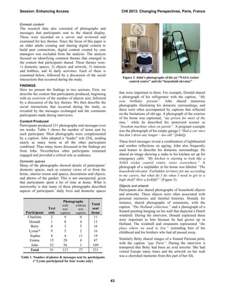 Enmesh content
The research data also consisted of photographs and
messages that participants sent to the shared display.
These were recorded on a server and reviewed and
examined for key themes. Since the focus of this paper is
on older adults creating and sharing digital content to
build peer connections, digital content created by care
managers was excluded from the analysis. The analysis
focused on identifying common themes that emerged in
the content that participants shared. These themes were:
1) domestic spaces, 2) objects and artwork, 3) interests
and hobbies, and 4) daily activities. Each of these is
examined below, followed by a discussion of the social
interactions that occurred during the study.
FINDINGS
Here we present the findings in two sections. First, we
describe the content that participants produced, beginning
with an overview of the number of objects sent, followed
by a discussion of the key themes. We then describe the
social interactions that occurred during the study, as
revealed by the messages exchanged and the comments
participants made during interviews.
Content Produced
Participants produced 231 photographs and messages over
ten weeks. Table 1 shows the number of items sent by
each participant. Most photographs were complemented
by a caption. John adopted a “leader” role [24], sending
nearly as many items as all the other participants
combined. Thus many items discussed in the findings are
from John. Nevertheless other participants remained
engaged and provided a critical role as audience.
Domestic spaces
Many of the photographs showed details of participants’
domestic spaces, such as exterior views of or from the
home, interior rooms and spaces, decorations and objects,
and photos of the garden. This is not unexpected, given
that participants spent a lot of time at home. What is
noteworthy is that many of these photographs described
aspects of participants’ daily lives and domestic spaces
that were important to them. For example, Donald shared
a photograph of his refrigerator with the caption, “My
own birthday present”. John shared numerous
photographs illustrating his domestic surroundings, and
these were often accompanied by captions that reflected
on the limitations of old age. A photograph of the exterior
of his home was captioned, “my prison for most of the
time,” while he described his motorized scooter as
“freedom machine when on parole”. A poignant example
was the photograph of his empty garage (“Had a car once
but don’t drive any longer – too old” [John]).
These brief messages reveal a combination of lighthearted
and somber reflections on ageing. John also frequently
used humor to describe his domestic surroundings. He
shared an image showing a radio in his kitchen set up for
emergency calls: “My kitchen is starting to look like a
NASA rocket control centre, wires everywhere.” A
photograph of a stepladder in his home was labeled “The
household elevator. Forbidden territory for me according
to my carers, but what do I do when I need to get to a
high shelf? Hire a forklift?” (Figure 3).
Objects and artwork
Participants also shared photographs of household objects
and artworks. These objects were often associated with
personal memories and familial histories. Donald, for
instance, shared photographs of ornaments, with the
caption “The Holland collection,” and a photograph of a
framed painting hanging on his wall that depicted a Dutch
windmill. During the interview, Donald explained these
were important to him because he had grown up in
Holland. The windmill and ornaments represented “the
place where we used to live,” reminding him of his
childhood and his brothers who had all passed away.
Similarly Betty shared images of a framed Parisian print,
with the caption “gay Paris”. During the interview it
transpired that Betty had been an avid traveler. She had
visited Europe many times and the artwork on her wall
was a cherished memento from this part of her life.
Figure 3. John’s photographs of his (a) “NASA rocket
control centre” and (b) “household elevator”
Participant
Text
only
Photographs
Total
sent
items
with
text
caption
without
text
caption
Charlotte 2 9 0 11
Donald 1 8 4 13
Betty 8 3 5 16
Lynne* 9 5 2 16
Sophie 4 4 11 19
Emma 15 28 4 47
John 52 56 1 109
Total 91 113 27 231
Table 1. Number of photos & messages sent by participants
(* Lynne participated for four weeks only)
Session: Enhancing Access CHI 2013: Changing Perspectives, Paris, France
43
 