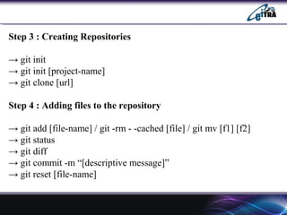 Step 3 : Creating Repositories
→ git init
→ git init [project-name]
→ git clone [url]
Step 4 : Adding files to the repository
→ git add [file-name] / git -rm - -cached [file] / git mv [f1] [f2]
→ git status
→ git diff
→ git commit -m “[descriptive message]”
→ git reset [file-name]
 
