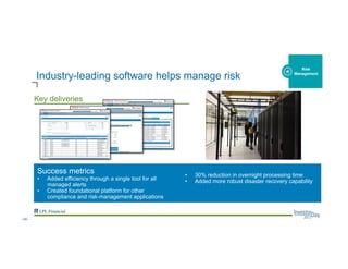 Key deliveries
Industry-leading software helps manage risk
Success metrics
•  Added efficiency through a single tool for all
managed alerts
•  Created foundational platform for other
compliance and risk-management applications
•  30% reduction in overnight processing time
•  Added more robust disaster recovery capability
Risk
Management
--34--
 