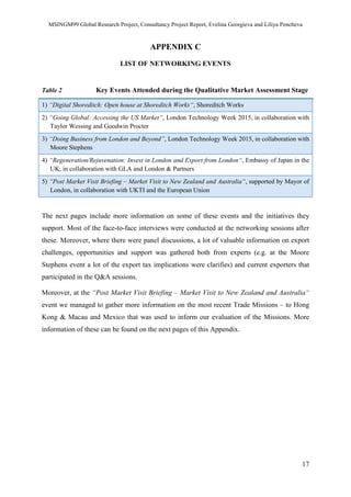 MSINGM99 Global Research Project, Consultancy Project Report, Evelina Georgieva and Liliya Pencheva
17
APPENDIX C
LIST OF NETWORKING EVENTS
Table 2 Key Events Attended during the Qualitative Market Assessment Stage
1) “Digital Shoreditch: Open house at Shoreditch Works“, Shoreditch Works
2) “Going Global: Accessing the US Market“, London Technology Week 2015, in collaboration with
Taylor Wessing and Goodwin Procter
3) “Doing Business from London and Beyond”, London Technology Week 2015, in collaboration with
Moore Stephens
4) “Regeneration/Rejuvenation: Invest in London and Export from London“, Embassy of Japan in the
UK, in collaboration with GLA and London & Partners
5) “Post Market Visit Briefing – Market Visit to New Zealand and Australia“, supported by Mayor of
London, in collaboration with UKTI and the European Union
The next pages include more information on some of these events and the initiatives they
support. Most of the face-to-face interviews were conducted at the networking sessions after
these. Moreover, where there were panel discussions, a lot of valuable information on export
challenges, opportunities and support was gathered both from experts (e.g. at the Moore
Stephens event a lot of the export tax implications were clarifies) and current exporters that
participated in the Q&A sessions.
Moreover, at the “Post Market Visit Briefing – Market Visit to New Zealand and Australia“
event we managed to gather more information on the most recent Trade Missions – to Hong
Kong & Macau and Mexico that was used to inform our evaluation of the Missions. More
information of these can be found on the next pages of this Appendix.
 