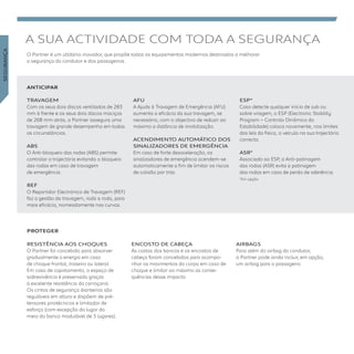 TRAVAGEM
Com os seus dois discos ventilados de 283
mm à frente e os seus dois discos maciços
de 268 mm atrás, o Partner assegura uma
travagem de grande desempenho em todas
as circunstâncias.
ABS
O Anti-bloqueio das rodas (ABS) permite
controlar a trajectória evitando o bloqueio
das rodas em caso de travagem
de emergência.
REF
O Repartidor Electrónico de Travagem (REF)
faz a gestão da travagem, roda a roda, para
mais eficácia, nomeadamente nas curvas.
AFU
A Ajuda à Travagem de Emergência (AFU)
aumenta a eficácia da sua travagem, se
necessário, com o objectivo de reduzir ao
máximo a distância de imobilização.
ACENDIMENTO AUTOMáTICO DOS
SINAlIZADORES DE EMERGêNCIA
Em caso de forte desaceleração, os
sinalizadores de emergência acendem-se
automaticamente a fim de limitar os riscos
de colisão por trás.
ESP*
Caso detecte qualquer início de sub ou
sobre viragem, o ESP (Electronic Stability
Program – Controlo Dinâmico da
Estabilidade) coloca novamente, nos limites
das leis da física, o veículo na sua trajectória
correcta. 
ASR*
Associado ao ESP, a Anti-patinagem
das rodas (ASR) evita a patinagem
das rodas em caso de perda de aderência.
*Em opção
SEGURANÇA
A SUA ACTIVIDADE COM TODA A SEGURANÇA
O Partner é um utilitário inovador, que propõe todos os equipamentos modernos destinados a melhorar 
a segurança do condutor e dos passageiros.
RESISTêNCIA AOS CHOQUES
O Partner foi concebido para absorver
gradualmente a energia em caso
de choque frontal, traseiro ou lateral
Em caso de capotamento, o espaço de
sobrevivência é preservado graças
à excelente resistência da carroçaria.
Os cintos de segurança dianteiros são
reguláveis em altura e dispõem de pré-
tensores pirotécnicos e limitador de
esforço (com excepção do lugar do
meio do banco modulável de 3 lugares).
ENCOSTO DE CABEÇA
As costas dos bancos e os encostos de
cabeça foram concebidos para acompa-
nhar os movimentos do corpo em caso de
choque e limitar ao máximo as conse-
quências desse impacto.
AIRBAGS
Para além do airbag do condutor,
o Partner pode ainda incluir, em opção,
um airbag para o passageiro.  
PROTEGER
ANTICIPAR
 