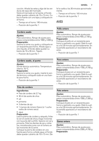 cocción. Añada las setas y algo de las ver-
duras de sopa del marinado.
Vierta el marinado en la fuente; el fondo
debe quedar cubierto de 10 a 15 mm. Cu-
bra la fuente con una tapa y colóquela en
el horno.
– Tiempo en el horno: 140 minutos
– Posición de la parrilla: 1
Cordero asado
Ajustes:
Peso automático. Rango de ajuste para
pesos comprendidos entre 1000 y 3.000 g.
Preparación:
Sazone la carne a su gusto y colóquela en
un recipiente para horno. Añada agua u
otro líquido; el fondo debe quedar cu-
bierto de 10 a 30 mm. Tápelo.
– Posición de la parrilla: 1
Cordero asado, al punto
Ajustes:
Sonda térmica automática. Temperatura
interna: 70 °C.
Preparación:
Sazone la carne a su gusto, inserte la son-
da térmica y colóquelo todo en una fuen-
te para horno.
– Posición de la parrilla: 1
Pata de cordero
Ingredientes:
• Pata de cordero de 2,7 kg
• 30 ml de aceite de oliva
• sal
• pimienta
• 3 dientes de ajo
• 1 manojo de romero fresco (o 1 cucha-
radita de romero seco)
• agua
Preparación:
Lave la pierna de cordero y séquela, fróte-
la con el aceite de oliva y haga incisiones
con la punta del cuchillo. Sazone con sal y
pimienta. Pele los dientes de ajo y córte-
los; introdúzcalos junto con el romero en
las incisiones de la carne.
Coloque la pierna de cordero en una
fuente para horno y añada agua; el fondo
debe quedar cubierto de 10 a 15 mm. De-
le la vuelta a los 30 minutos aproximada-
mente.
– Tiempo en el horno: 165 minutos
– Posición de la parrilla: 1
AVES
Pollo entero
Ajustes:
Peso automático. Rango de ajuste para
pesos comprendidos entre 900 y 2.100 g.
Preparación:
Coloque el pollo en un recipiente para
horno y sazónelo a su gusto. Dele la vuel-
ta a los 30 minutos aproximadamente. En
la pantalla aparecerá un recordatorio de
aviso.
– Posición de la parrilla: 1
Pavo entero
Ajustes:
Peso automático. Rango de ajuste para
pesos comprendidos entre 1700 y 4.700 g.
Preparación:
Coloque el pavo en un recipiente para
horno y sazónelo a su gusto. Dele la vuel-
ta a los 30 minutos aproximadamente. En
la pantalla aparecerá un recordatorio de
aviso.
– Posición de la parrilla: 1
Pato entero
Ajustes:
Peso automático. Rango de ajuste para
pesos comprendidos entre 1500 y 3.300 g.
Preparación:
Coloque el pato en un recipiente para
horno y sazónelo a su gusto. Dele la vuel-
ta a los 30 minutos aproximadamente. En
la pantalla aparecerá un recordatorio de
aviso.
– Posición de la parrilla: 1
Ganso entero
Ajustes:
Peso automático. Rango de ajuste para
pesos comprendidos entre 2300 y 4.700 g.
Preparación:
ESPAÑOL 7
 