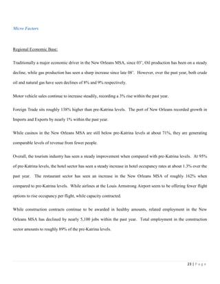 23 | P a g e
Micro Factors
Regional Economic Base:
Traditionally a major economic driver in the New Orleans MSA, since 03’, Oil production has been on a steady
decline, while gas production has seen a sharp increase since late 08’. However, over the past year, both crude
oil and natural gas have seen declines of 8% and 9% respectively.
Motor vehicle sales continue to increase steadily, recording a 3% rise within the past year.
Foreign Trade sits roughly 138% higher than pre-Katrina levels. The port of New Orleans recorded growth in
Imports and Exports by nearly 1% within the past year.
While casinos in the New Orleans MSA are still below pre-Katrina levels at about 71%, they are generating
comparable levels of revenue from fewer people.
Overall, the tourism industry has seen a steady improvement when compared with pre-Katrina levels. At 95%
of pre-Katrina levels, the hotel sector has seen a steady increase in hotel occupancy rates at about 1.3% over the
past year. The restaurant sector has seen an increase in the New Orleans MSA of roughly 162% when
compared to pre-Katrina levels. While airlines at the Louis Armstrong Airport seem to be offering fewer flight
options to rise occupancy per flight, while capacity contracted.
While construction contracts continue to be awarded in healthy amounts, related employment in the New
Orleans MSA has declined by nearly 5,100 jobs within the past year. Total employment in the construction
sector amounts to roughly 89% of the pre-Katrina levels.
 