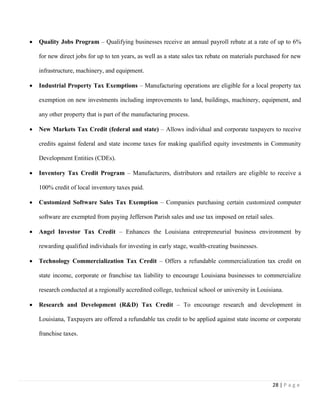 28 | P a g e
 Quality Jobs Program – Qualifying businesses receive an annual payroll rebate at a rate of up to 6%
for new direct jobs for up to ten years, as well as a state sales tax rebate on materials purchased for new
infrastructure, machinery, and equipment.
 Industrial Property Tax Exemptions – Manufacturing operations are eligible for a local property tax
exemption on new investments including improvements to land, buildings, machinery, equipment, and
any other property that is part of the manufacturing process.
 New Markets Tax Credit (federal and state) – Allows individual and corporate taxpayers to receive
credits against federal and state income taxes for making qualified equity investments in Community
Development Entities (CDEs).
 Inventory Tax Credit Program – Manufacturers, distributors and retailers are eligible to receive a
100% credit of local inventory taxes paid.
 Customized Software Sales Tax Exemption – Companies purchasing certain customized computer
software are exempted from paying Jefferson Parish sales and use tax imposed on retail sales.
 Angel Investor Tax Credit – Enhances the Louisiana entrepreneurial business environment by
rewarding qualified individuals for investing in early stage, wealth-creating businesses.
 Technology Commercialization Tax Credit – Offers a refundable commercialization tax credit on
state income, corporate or franchise tax liability to encourage Louisiana businesses to commercialize
research conducted at a regionally accredited college, technical school or university in Louisiana.
 Research and Development (R&D) Tax Credit – To encourage research and development in
Louisiana, Taxpayers are offered a refundable tax credit to be applied against state income or corporate
franchise taxes.
 