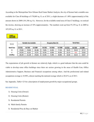48 | P a g e
According to the Metropolitan New Orleans Real Estate Market Analysis, the city of Kenner had a rentable area
available for Class B buildings of 178,069 sq. ft. as of 2011, a slight decrease of 1.80% (approximately) of the
amount shown in 2009 (181,386 sq. ft.). However, for the available rental area of Class C buildings, we noticed
the inverse, showing an increase of 10% (approximately). The numbers went up from 97,270 sq. ft. in 2009 to
107,870 sq. ft. in 2011.
The expectations of job growth in Kenner are relatively high, which is a good indicator that the area could be
viable to develop some office buildings since there are sectors growing in the areas of Health Care, Office
Administrative Support, Business and Financial occupations among others. And the professional and related
occupations average is 18.98%, almost reaching the national average which is 20.61% as of 2011.
See Appendix, Table # 23 for a description of employment growth by major occupational groups.
RESIDENTIAL
1) Housing Units (Owner)
2) Housing Units (Renter)
3) Residential Permits
4) Multi-family Permits
5) Residential Price & Days on Market
Retail Class Fall 2011 Fall 2010 Fall 2009 Fall 2011 Fall 2010 Fall 2009 Fall 2011 Fall 2010 Fall 2009
B 178,069 178,069 181,386 73.80% 65.00% 77.10% $16.25 $16.50 $17.13
C 107,870 43,120 97,270 93.70% 10.00% 99.30% $15.74 N/A $19.00
All Office 285,939 221,189 278,656 81.30% 71.90% 84.80% $16.00 $16.50 $18.07
Rentable AreaAvailable OccupancyRates(%)
Office
Kenner
Rental Rates
 