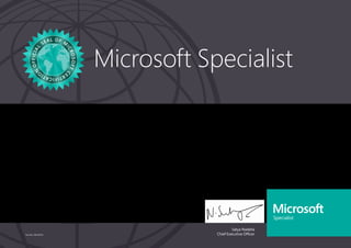 Satya Nadella
Chief Executive Officer
Microsoft Specialist
Part No. X18-83703
VINAYAKA SWAMY H M
Has successfully completed the requirements to be recognized as a Microsoft Specialist: Programming in
HTML5 with JavaScript and CSS3.
Date of achievement: 10/13/2016
Certification number: F830-4284
 