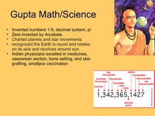 Gupta Math/Science Invented numbers 1-9, decimal system, pi Zero invented by Aryabata  Charted planets and star movements recognized the Earth is round and rotates on its axis and revolves around sun. Indian physicians excelled in medicines, caesarean section, bone setting, and skin grafting, smallpox vaccination 