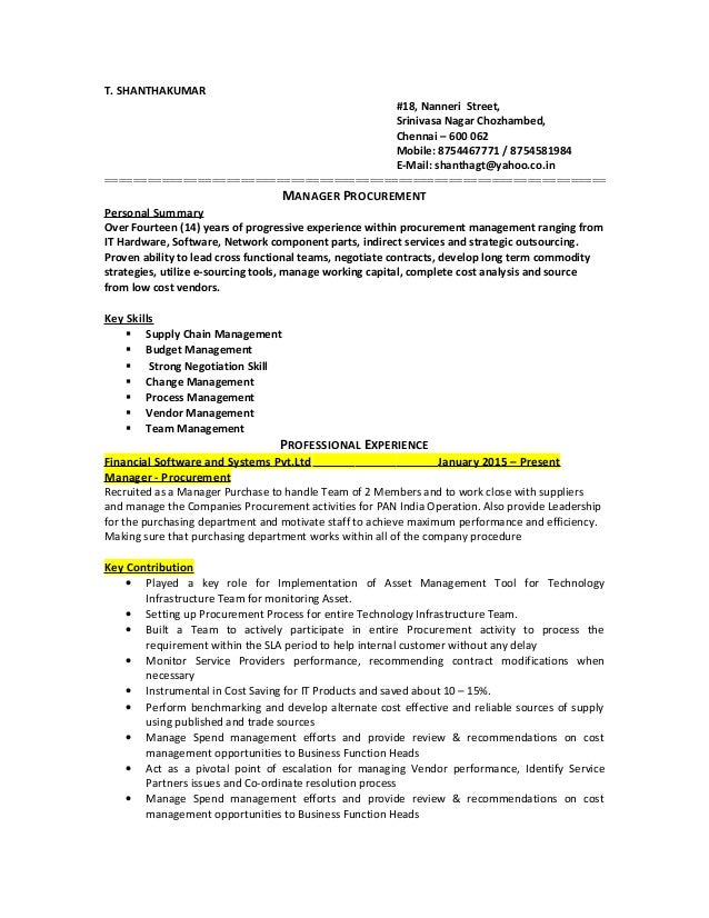 resume procurement t shanthakumar 18 nanneri street srinivasa nagar chozhambed chennai 600 - Procurement Resume resume procurement t shanthakumar 18 nanneri street srinivasa nagar chozhambed chennai 600 - Procurement Resume
