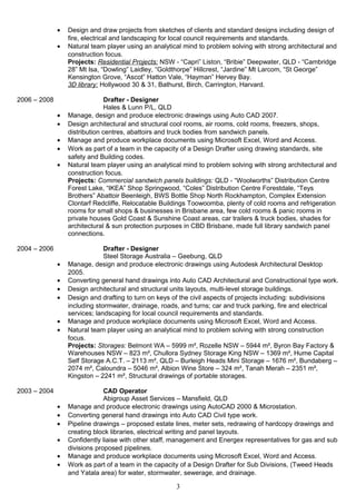 • Design and draw projects from sketches of clients and standard designs including design of
fire, electrical and landscaping for local council requirements and standards.
• Natural team player using an analytical mind to problem solving with strong architectural and
construction focus.
Projects: Residential Projects: NSW - “Capri” Liston, “Bribie” Deepwater, QLD - “Cambridge
28” Mt Isa, “Dowling” Laidley, “Goldthorpe” Hillcrest, “Jardine” Mt Larcom, “St George”
Kensington Grove, “Ascot” Hatton Vale, “Hayman” Hervey Bay.
3D library: Hollywood 30 & 31, Bathurst, Birch, Carrington, Harvard.
2006 – 2008 Drafter - Designer
Hales & Lunn P/L, QLD
• Manage, design and produce electronic drawings using Auto CAD 2007.
• Design architectural and structural cool rooms, air rooms, cold rooms, freezers, shops,
distribution centres, abattoirs and truck bodies from sandwich panels.
• Manage and produce workplace documents using Microsoft Excel, Word and Access.
• Work as part of a team in the capacity of a Design Drafter using drawing standards, site
safety and Building codes.
• Natural team player using an analytical mind to problem solving with strong architectural and
construction focus.
Projects: Commercial sandwich panels buildings: QLD - “Woolworths” Distribution Centre
Forest Lake, “IKEA” Shop Springwood, “Coles” Distribution Centre Forestdale, “Teys
Brothers” Abattoir Beenleigh, BWS Bottle Shop North Rockhampton, Complex Extension
Clontarf Redcliffe, Relocatable Buildings Toowoomba, plenty of cold rooms and refrigeration
rooms for small shops & businesses in Brisbane area, few cold rooms & panic rooms in
private houses Gold Coast & Sunshine Coast areas, car trailers & truck bodies, shades for
architectural & sun protection purposes in CBD Brisbane, made full library sandwich panel
connections.
2004 – 2006 Drafter - Designer
Steel Storage Australia – Geebung, QLD
• Manage, design and produce electronic drawings using Autodesk Architectural Desktop
2005.
• Converting general hand drawings into Auto CAD Architectural and Constructional type work.
• Design architectural and structural units layouts, multi-level storage buildings.
• Design and drafting to turn on keys of the civil aspects of projects including: subdivisions
including stormwater, drainage, roads, and turns; car and truck parking, fire and electrical
services; landscaping for local council requirements and standards.
• Manage and produce workplace documents using Microsoft Excel, Word and Access.
• Natural team player using an analytical mind to problem solving with strong construction
focus.
Projects: Storages: Belmont WA – 5999 m², Rozelle NSW – 5944 m², Byron Bay Factory &
Warehouses NSW – 823 m², Chullora Sydney Storage King NSW – 1369 m², Hume Capital
Self Storage A.C.T. – 2113 m², QLD – Burleigh Heads Mini Storage – 1676 m², Bundaberg –
2074 m², Caloundra – 5046 m², Albion Wine Store – 324 m², Tanah Merah – 2351 m²,
Kingston – 2241 m², Structural drawings of portable storages.
2003 – 2004 CAD Operator
Abigroup Asset Services – Mansfield, QLD
• Manage and produce electronic drawings using AutoCAD 2000 & Microstation.
• Converting general hand drawings into Auto CAD Civil type work.
• Pipeline drawings – proposed estate lines, meter sets, redrawing of hardcopy drawings and
creating block libraries, electrical writing and panel layouts.
• Confidently liaise with other staff, management and Energex representatives for gas and sub
divisions proposed pipelines.
• Manage and produce workplace documents using Microsoft Excel, Word and Access.
• Work as part of a team in the capacity of a Design Drafter for Sub Divisions, (Tweed Heads
and Yatala area) for water, stormwater, sewerage, and drainage.
3
 