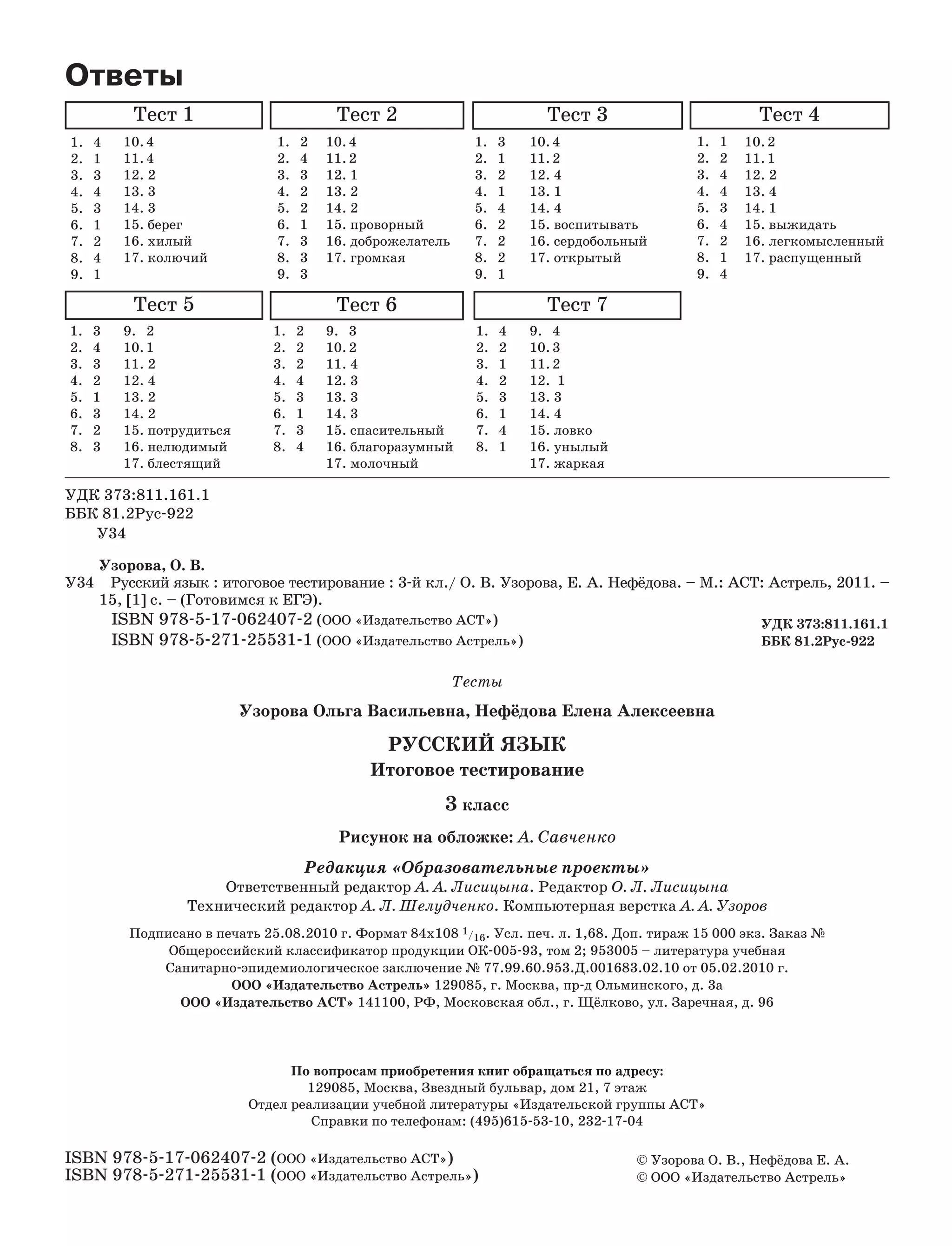 Ответы
1. 4
2. 1
3. 3
4. 4
5. 3
6. 1
7. 2
8. 4
9. 1
1. 2
2. 4
3. 3
4. 2
5. 2
6. 1
7. 3
8. 3
9. 3
1. 3
2. 1
3. 2
4. 1
5. 4
6. 2
7. 2
8. 2
9. 1
1. 1
2. 2
3. 4
4. 4
5. 3
6. 4
7. 2
8. 1
9. 4
10.4
11.2
12. 1
13. 2
14. 2
15. проворный
16. доброжелатель
17. громкая
10.4
11.2
12. 4
13. 1
14. 4
15. воспитывать
16. сердобольный
17. открытый
10.4
11.4
12. 2
13. 3
14. 3
15. берег
16. хилый
17. колючий
Тест 1 Тест 2 Тест 3 Тест 4
Тест 5 Тест 6 Тест 7
10.2
11.1
12. 2
13. 4
14. 1
15. выжидать
16. легкомысленный
17. распущенный
1. 3
2. 4
3. 3
4. 2
5. 1
6. 3
7. 2
8. 3
9. 2
10.1
11. 2
12. 4
13. 2
14. 2
15. потрудиться
16. нелюдимый
17. блестящий
1. 2
2. 2
3. 2
4. 4
5. 3
6. 1
7. 3
8. 4
9. 3
10.2
11. 4
12. 3
13. 3
14. 3
15. спасительный
16. благоразумный
17. молочный
1. 4
2. 2
3. 1
4. 2
5. 3
6. 1
7. 4
8. 1
9. 4
10.3
11.2
12. 1
13. 3
14. 4
15. ловко
16. унылый
17. жаркая
УДК 373:811.161.1
ББК 81.2Рус 922
У34
Узорова, О. В.
У34 Русский язык : итоговое тестирование : 3 й кл./ О. В. Узорова, Е. А. Нефёдова. – М.: АСТ: Астрель, 2011. –
15, [1] с. – (Готовимся к ЕГЭ).
ISBN 978 5 17 062407 2 (ООО «Издательство АСТ»)
ISBN 978 5 271 25531 1 (ООО «Издательство Астрель»)
Тесты
Узорова Ольга Васильевна, Нефёдова Елена Алексеевна
РУССКИЙ ЯЗЫК
Итоговое тестирование
3 класс
Рисунок на обложке: А. Савченко
Редакция «Образовательные проекты»
Ответственный редактор А. А. Лисицына. Редактор О. Л. Лисицына
Технический редактор А. Л. Шелудченко. Компьютерная верстка А. А. Узоров
Подписано в печать 25.08.2010 г. Формат 84х108 1/16. Усл. печ. л. 1,68. Доп. тираж 15 000 экз. Заказ №
Общероссийский классификатор продукции ОК 005 93, том 2; 953005 – литература учебная
Санитарно эпидемиологическое заключение № 77.99.60.953.Д.001683.02.10 от 05.02.2010 г.
ООО «Издательство Астрель» 129085, г. Москва, пр д Ольминского, д. 3а
ООО «Издательство АСТ» 141100, РФ, Московская обл., г. Щёлково, ул. Заречная, д. 96
По вопросам приобретения книг обращаться по адресу:
129085, Москва, Звездный бульвар, дом 21, 7 этаж
Отдел реализации учебной литературы «Издательской группы АСТ»
Справки по телефонам: (495)615 53 10, 232 17 04
ISBN 978 5 17 062407 2 (ООО «Издательство АСТ»)
ISBN 978 5 271 25531 1 (ООО «Издательство Астрель»)
УДК 373:811.161.1
ББК 81.2Рус 922
© Узорова О. В., Нефёдова Е. А.
© ООО «Издательство Астрель»
 