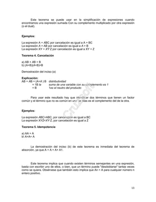 13
Este teorema se puede usar en la simplificación de expresiones cuando
encontramos una expresión sumada Con su complemento multiplicado por otra expresión
(o el dual).
Ejemplos:
La expresión A + ABC por cancelación es igual a A + BC
La expresión A + AB por cancelación es igual a A + B
La expresión XY + XY Z por cancelación es igual a XY + Z
Teorema 4. Cancelación
a) AB + AB = B
b) (A+B)(A+B)=B
Demostración del inciso (a)
Explicación:
AB + AB = (A+A ) B distributividad
= 1B la suma de una variable con su complemento es 1
= B 1es el neutro del producto
Para usar este resultado hay que identificar dos términos que tienen un factor
común y el término que no es común en una de ellas es el complemento del de la otra.
Ejemplos:
La expresión ABC+ABC, por cancelación es igual a BC
La expresión XYZ+XY Z, por cancelación es igual a Z
Teorema 5. Idempotencia
a) AA = A
b A+A= A
La demostración del inciso (b) de este teorema es inmediata del teorema de
absorción, ya que A + A = A+ A1.
Este teorema implica que cuando existen términos semejantes en una expresión,
basta con escribir uno de ellos, o bien, que un término puede "desdoblarse" tantas veces
como se quiera. Obsérvese que también esto implica que An = A para cualquier número n
entero positivo.
 
