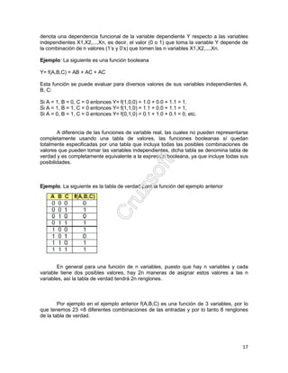 17
denota una dependencia funcional de la variable dependiente Y respecto a las variables
independientes X1,X2,...,Xn, es decir, el valor (0 o 1) que toma la variable Y depende de
la combinación de n valores (1’s y 0’s) que tomen las n variables X1,X2,...,Xn.
Ejemplo: La siguiente es una función booleana
Y= f(A,B,C) = AB + AC + AC
Esta función se puede evaluar para diversos valores de sus variables independientes A,
B, C:
Si A = 1, B = 0, C = 0 entonces Y= f(1,0,0) = 1.0 + 0.0 + 1.1 = 1,
Si A = 1, B = 1, C = 0 entonces Y= f(1,1,0) = 1.1 + 0.0 + 1.1 = 1,
Si A = 0, B = 1, C = 0 entonces Y= f(0,1,0) = 0.1 + 1.0 + 0.1 = 0, etc.
A diferencia de las funciones de variable real, las cuales no pueden representarse
completamente usando una tabla de valores, las funciones booleanas sí quedan
totalmente especificadas por una tabla que incluya todas las posibles combinaciones de
valores que pueden tomar las variables independientes, dicha tabla se denomina tabla de
verdad y es completamente equivalente a la expresión booleana, ya que incluye todas sus
posibilidades.
Ejemplo. La siguiente es la tabla de verdad para la función del ejemplo anterior
En general para una función de n variables, puesto que hay n variables y cada
variable tiene dos posibles valores, hay 2n maneras de asignar estos valores a las n
variables, así la tabla de verdad tendrá 2n renglones.
Por ejemplo en el ejemplo anterior f(A,B,C) es una función de 3 variables, por lo
que tenemos 23 =8 diferentes combinaciones de las entradas y por lo tanto 8 renglones
de la tabla de verdad.
 