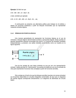 19
Ejemplo: Es fácil ver que
A B = AB + AB = (A + B)(A + B)
o bien, también por ejemplo
A B = A / B = AB + AB = (A + B)(A + B) ... etc.
A continuación se presenta una alternativa gráfica para trabajar en el análisis y
diseño de funciones booleanas a partir de bloques funcionales que se representan
mediante símbolos lógicos.
2.4.2 SÍMBOLOS DE PUERTAS LÓGICAS
Una manera generalizada de representar las funciones lógicas es el uso de
símbolos o bloques lógicos denominados puertas o compuertas lógicas. Estas puertas en
general representan bloques funcionales que reciben un conjunto de entradas (variables
independientes) y producen una salida (variable dependiente) como se muestra en la
figura siguiente.
Una de las ventaja de usar éstos símbolos es que por ser una representación
entrada / salida permiten la “interconexión” de puertas (la salida de una con la entrada de
otra) para representar funciones más complejas a partir de funciones sencillas.
Otra ventaja es el hecho de que los bloques sencillos (puertas con pocas entradas)
se encuentran disponibles en circuitos integrados comerciales, de aquí que un diagrama
de puertas lógicas corresponde directamente a un diagrama de alambrado de circuito
lógico.
 