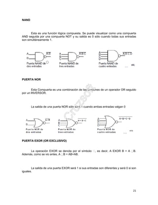 21
NAND
Esta es una función lógica compuesta. Se puede visualizar como una compuerta
AND seguida por una compuerta NOT y su salida es 0 sólo cuando todas sus entradas
son simultáneamente 1.
PUERTA NOR
Esta Compuerta es una combinación de las funciones de un operador OR seguido
por un INVERSOR.
La salida de una puerta NOR sólo será 1 cuando ambas entradas valgan 0
PUERTA EXOR (OR EXCLUSIVO)
La operación EXOR se denota por el símbolo , es decir, A EXOR B = A B.
Además, como se vio antes, A B = AB+AB.
La salida de una puerta EXOR será 1 si sus entradas son diferentes y será 0 si son
iguales.
 