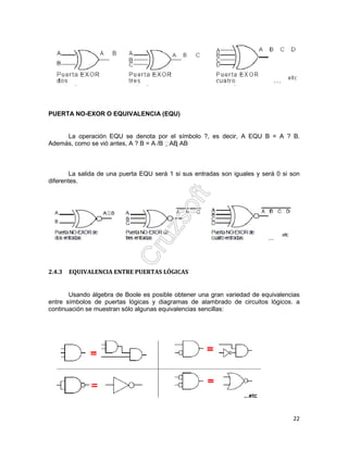 22
PUERTA NO-EXOR O EQUIVALENCIA (EQU)
La operación EQU se denota por el símbolo ?, es decir, A EQU B = A ? B.
Además, como se vió antes, A ? B = A /B AB AB
La salida de una puerta EQU será 1 si sus entradas son iguales y será 0 si son
diferentes.
2.4.3 EQUIVALENCIA ENTRE PUERTAS LÓGICAS
Usando álgebra de Boole es posible obtener una gran variedad de equivalencias
entre símbolos de puertas lógicas y diagramas de alambrado de circuitos lógicos. a
continuación se muestran sólo algunas equivalencias sencillas:
 