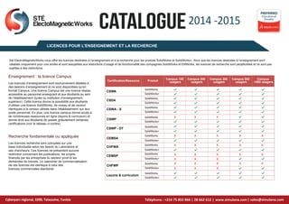 Sté ElectroMagneticWorks vous offre les licences destinées à l’enseignement et à la recherche pour les produits SolidWorks et SolidWorks+. Alors que les licences destinées à l’enseignement sont
valables uniquement pour une année et sont assujetties aux restrictions d’usage et de fonctionnalité des compagnies SolidWorks et EMWorks, les licences de recherche sont perpétuelles et ne sont pas
sujettes à des restrictions.
Les licences recherche sont octroyées sur une
base individuelle selon les besoin du Laboratoire et
ses chercheurs. Ces licences ne présentent aucune
restriction concernant les publications, les projets
financés par les entreprises du secteur privé et les
demandes de brevets. Le calendrier de commercialisation
de ces licences est identique à celui des
licences commerciales standards.
2014 -2015
CATALOGUE
LICENCES POUR L’ENSEIGNEMENT ET LA RECHERCHE
Educational
Reseller
PREFERRED
Enseignement : la licence Campus
Recherche fondamentale ou appliquée
Cyberparc régional, 3200, Tataouine, Tunisie
STÉ
ElectoMagneticWorks
Certification/Resource Produit
Campus 100
usagers
Campus 200
usagers
Campus 300
usagers
Campus 500
usagers
Campus
>500 usagers
SolidWorks
SolidWorks+
SolidWorks
SolidWorks+
SolidWorks
SolidWorks+
SolidWorks
SolidWorks+
SolidWorks
SolidWorks+
SolidWorks
SolidWorks+
SolidWorks
SolidWorks+
SolidWorks
SolidWorks+
SolidWorks
SolidWorks+
SolidWorks
SolidWorks+
CSWA
CSDA
CSWA - S
CSWP
CSWP - DT
CEMSA
CHFWA
CEMSP
CHFWP
Leçons & curriculum
X X X
X X X X X
X X X X X
X X X
X X X
X X
X X X
X X X
X X
Cyberparc régional, 3200, Tataouine, Tunisie www.simulana.com| sales@simulana.com
Les licences d’enseignement sont exclusivement dédiées à
des besoins d’enseignement et ne sont disponibles qu’en
format Campus. Une licence Campus est une licence réseau
accessible au personnel enseignant et aux étudiants au sein
de l’établissement (lycée ou institution d’enseignement
supérieur). Cette licence donne la possibilité aux étudiants
d’utiliser une licence SolidWorks, de niveau et de version
identiques à la version utilisée dans l’établissement, sur leur
poste personnel. En plus, une licence campus donne accès à
de nombreuses ressources en ligne (leçons & curriculum) et
donne droit aux étudiants de passer gratuitement certaines
certifications (voir le tableau ci-contre).
Téléphone : +216 75 852 866 | 28 662 612 |
 