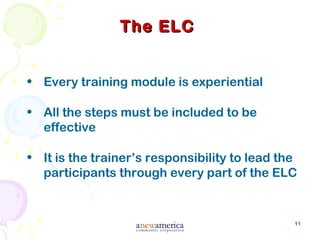 11
The ELCThe ELC
• Every training module is experiential
• All the steps must be included to be
effective
• It is the trainer’s responsibility to lead the
participants through every part of the ELC
 