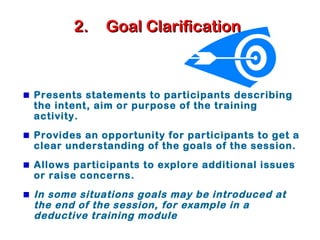 2.2. Goal ClarificationGoal Clarification
Presents statements to participants describing
the intent, aim or purpose of the training
activity.
Provides an opportunity for participants to get a
clear understanding of the goals of the session.
Allows participants to explore additional issues
or raise concerns.
In some situations goals may be introduced at
the end of the session, for example in a
deductive training module
 