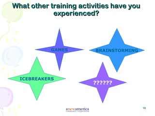 18
What other training activities have youWhat other training activities have you
experienced?experienced?
GAMES BRAINSTORMING
??????
ICEBREAKERS
 
