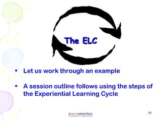 28
The ELCThe ELC
• Let us work through an example
• A session outline follows using the steps of
the Experiential Learning Cycle
 