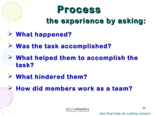 33
ProcessProcess
the experience by asking:the experience by asking:
 What happened?
 Was the task accomplished?
 What helped them to accomplish the
task?
 What hindered them?
 How did members work as a team?
See final slide for cutting solution
 