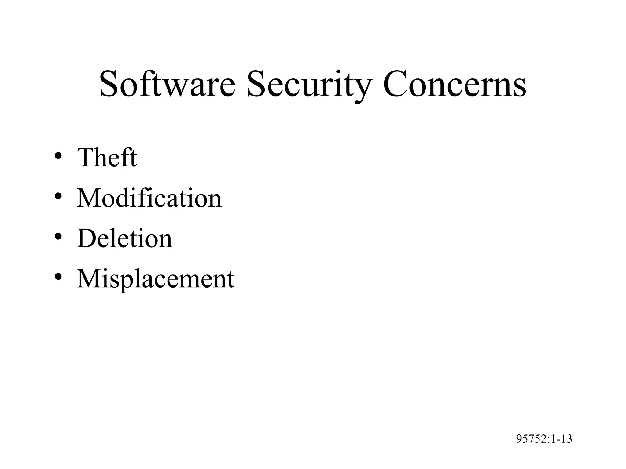 95752:1-13
Software Security Concerns
• Theft
• Modification
• Deletion
• Misplacement
 