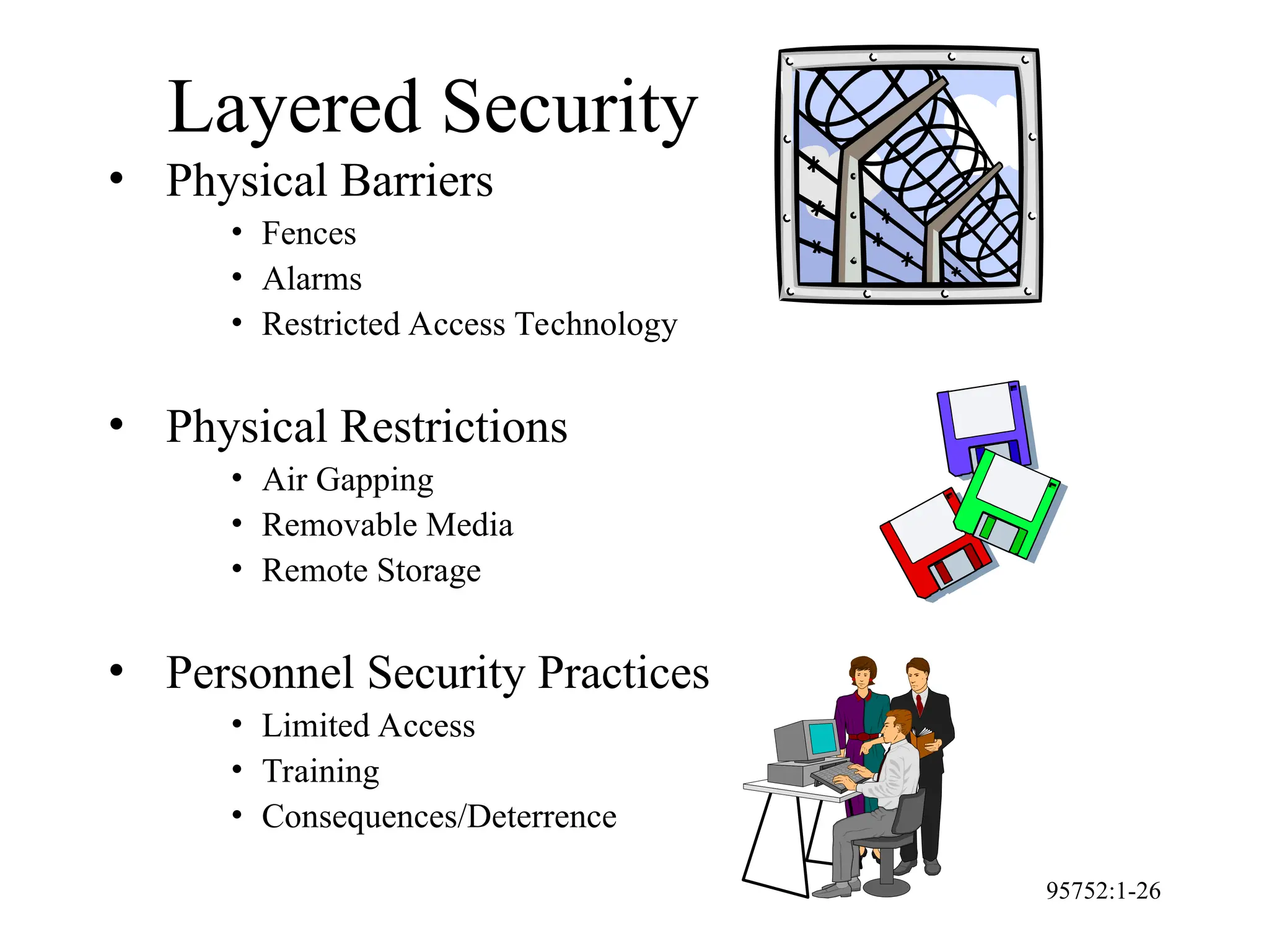 95752:1-26
Layered Security
• Physical Barriers
• Fences
• Alarms
• Restricted Access Technology
• Physical Restrictions
• Air Gapping
• Removable Media
• Remote Storage
• Personnel Security Practices
• Limited Access
• Training
• Consequences/Deterrence
 