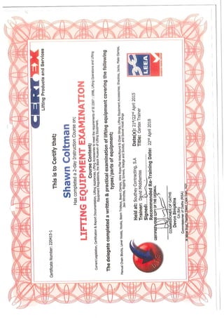 Lifting Equipement Examnation Certificate