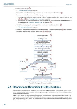 200
Atoll 3.1.0 User Manual
Chapter 6: LTE Networks © Forsk 2011
6. Allocate physical cell IDs ( ).
- "Planning Physical Cell IDs" on page 281.
7. Before making more advanced coverage predictions, you need to define cell load conditions ( ).
You can define cell load conditions in the following ways:
- You can generate realistic cell load conditions by creating a simulation based on traffic maps and subscriber lists
( , , and ) (see "Studying Network Capacity" on page 285).
- You can define cell load conditions manually either on the Cells tab of each transmitter’s Properties dialogue or
in the Cells table (see "Creating or Modifying a Cell" on page 209) ( ).
8. Make LTE-specific signal quality coverage predictions using the defined cell load conditions ( ).
- "LTE Coverage Predictions" on page 248.
9. If necessary, modify network parameters to study the network with a different frequency plan ( ). After modifying
the network’s frequency plan, you must perform steps and again.
6.2 Planning and Optimising LTE Base Stations
As described in Chapter 2: Starting an Atoll Project, you can create an Atoll document from a template, with no base stations,
or from a database with an existing set of base stations. As you work on your Atoll document, you will still need to create base
stations and modify existing ones.
In Atoll, a site is defined as a geographical point where one or more transmitters are located. Once you have created a site,
you can add transmitters. In Atoll, a transmitter is defined as the antenna and any other additional equipment, such as the
TMA, feeder cables, etc. In an LTE project, you must also add cells to each transmitter. A cell refers to the characteristics of an
RF channel on a transmitter.
Figure 6.19: Planning an LTE network - workflow
6
7
7a 7b 7c
7d
8
10
7 8
1
2
3
5
7a
10
4
7
6
7b
7c 7d
8
9
 