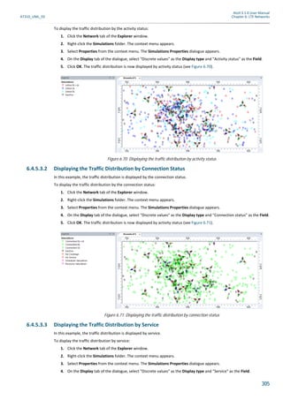 Atoll 3.1.0 User Manual
AT310_UML_E0 Chapter 6: LTE Networks
305
To display the traffic distribution by the activity status:
1. Click the Network tab of the Explorer window.
2. Right-click the Simulations folder. The context menu appears.
3. Select Properties from the context menu. The Simulations Properties dialogue appears.
4. On the Display tab of the dialogue, select "Discrete values" as the Display type and "Activity status" as the Field.
5. Click OK. The traffic distribution is now displayed by activity status (see Figure 6.70).
6.4.5.3.2 Displaying the Traffic Distribution by Connection Status
In this example, the traffic distribution is displayed by the connection status.
To display the traffic distribution by the connection status:
1. Click the Network tab of the Explorer window.
2. Right-click the Simulations folder. The context menu appears.
3. Select Properties from the context menu. The Simulations Properties dialogue appears.
4. On the Display tab of the dialogue, select "Discrete values" as the Display type and "Connection status" as the Field.
5. Click OK. The traffic distribution is now displayed by activity status (see Figure 6.71).
6.4.5.3.3 Displaying the Traffic Distribution by Service
In this example, the traffic distribution is displayed by service.
To display the traffic distribution by service:
1. Click the Network tab of the Explorer window.
2. Right-click the Simulations folder. The context menu appears.
3. Select Properties from the context menu. The Simulations Properties dialogue appears.
4. On the Display tab of the dialogue, select "Discrete values" as the Display type and "Service" as the Field.
Figure 6.70: Displaying the traffic distribution by activity status
Figure 6.71: Displaying the traffic distribution by connection status
 