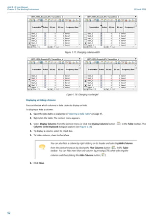 52
Atoll 3.1.0 User Manual
Chapter 1: The Working Environment © Forsk 2011
Displaying or Hiding a Column
You can choose which columns in data tables to display or hide.
To display or hide a column:
1. Open the data table as explained in "Opening a Data Table" on page 47.
2. Right-click the table. The context menu appears.
3. Select Display Columns from the context menu or click the Display Columns button ( ) in the Table toolbar. The
Columns to Be Displayed dialogue appears (see Figure 1.19).
4. To display a column, select its check box.
5. To hide a column, clear its check box.
6. Click Close.
Figure 1.17: Changing column width
Figure 1.18: Changing row height
You can also hide a column by right-clicking on its header and selecting Hide Columns
from the context menu or by clicking the Hide Columns button ( ) in the Table
toolbar. You can hide more than one column by pressing CTRL while selecting the
columns and then clicking the Hide Columns button ( ).
 