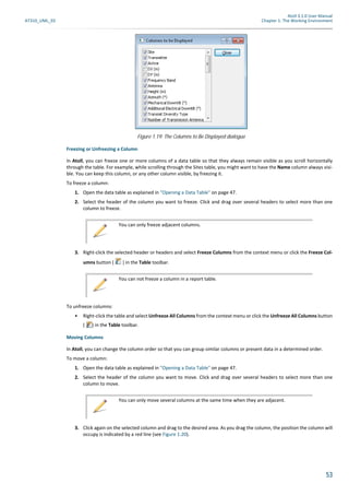 Atoll 3.1.0 User Manual
AT310_UML_E0 Chapter 1: The Working Environment
53
Freezing or Unfreezing a Column
In Atoll, you can freeze one or more columns of a data table so that they always remain visible as you scroll horizontally
through the table. For example, while scrolling through the Sites table, you might want to have the Name column always visi-
ble. You can keep this column, or any other column visible, by freezing it.
To freeze a column:
1. Open the data table as explained in "Opening a Data Table" on page 47.
2. Select the header of the column you want to freeze. Click and drag over several headers to select more than one
column to freeze.
3. Right-click the selected header or headers and select Freeze Columns from the context menu or click the Freeze Col-
umns button ( ) in the Table toolbar.
To unfreeze columns:
• Right-click the table and select Unfreeze All Columns from the context menu or click the Unfreeze All Columns button
( ) in the Table toolbar.
Moving Columns
In Atoll, you can change the column order so that you can group similar columns or present data in a determined order.
To move a column:
1. Open the data table as explained in "Opening a Data Table" on page 47.
2. Select the header of the column you want to move. Click and drag over several headers to select more than one
column to move.
3. Click again on the selected column and drag to the desired area. As you drag the column, the position the column will
occupy is indicated by a red line (see Figure 1.20).
Figure 1.19: The Columns to Be Displayed dialogue
You can only freeze adjacent columns.
You can not freeze a column in a report table.
You can only move several columns at the same time when they are adjacent.
 
