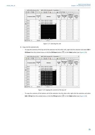 Atoll 3.1.0 User Manual
AT310_UML_E0 Chapter 1: The Working Environment
55
3. Copy into the selected cells:
- To copy the contents of the top cell of the selection into the other cells, right-click the selection and select Edit >
Fill Down from the context menu or click the Fill Down button ( ) in the Table toolbar (see Figure 1.22).
- To copy the contents of the bottom cell of the selection into the other cells, right-click the selection and select
Edit > Fill Up from the context menu or click the Fill Up button ( ) in the Table toolbar (see Figure 1.23).
Figure 1.21: Selecting the cells
Figure 1.22: Copying the contents of the top cell
 